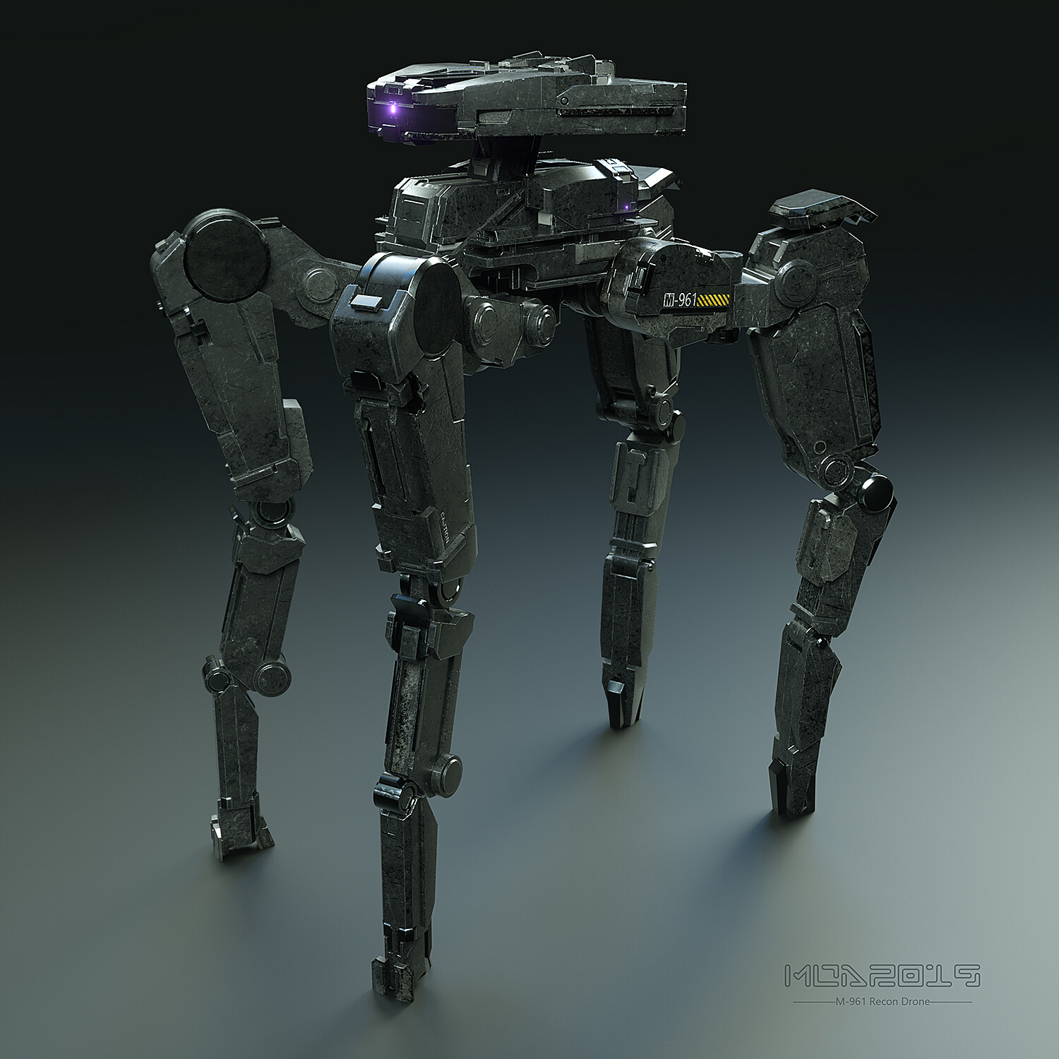 a sleek, futuristic robot stands on four metal legs against a gray background. the robot's upper body has a large, black gun attached to it and features a purple glowing light on the weapon. the robot is metallic in color and has a rough and worn texture. the background is a solid gray color.
