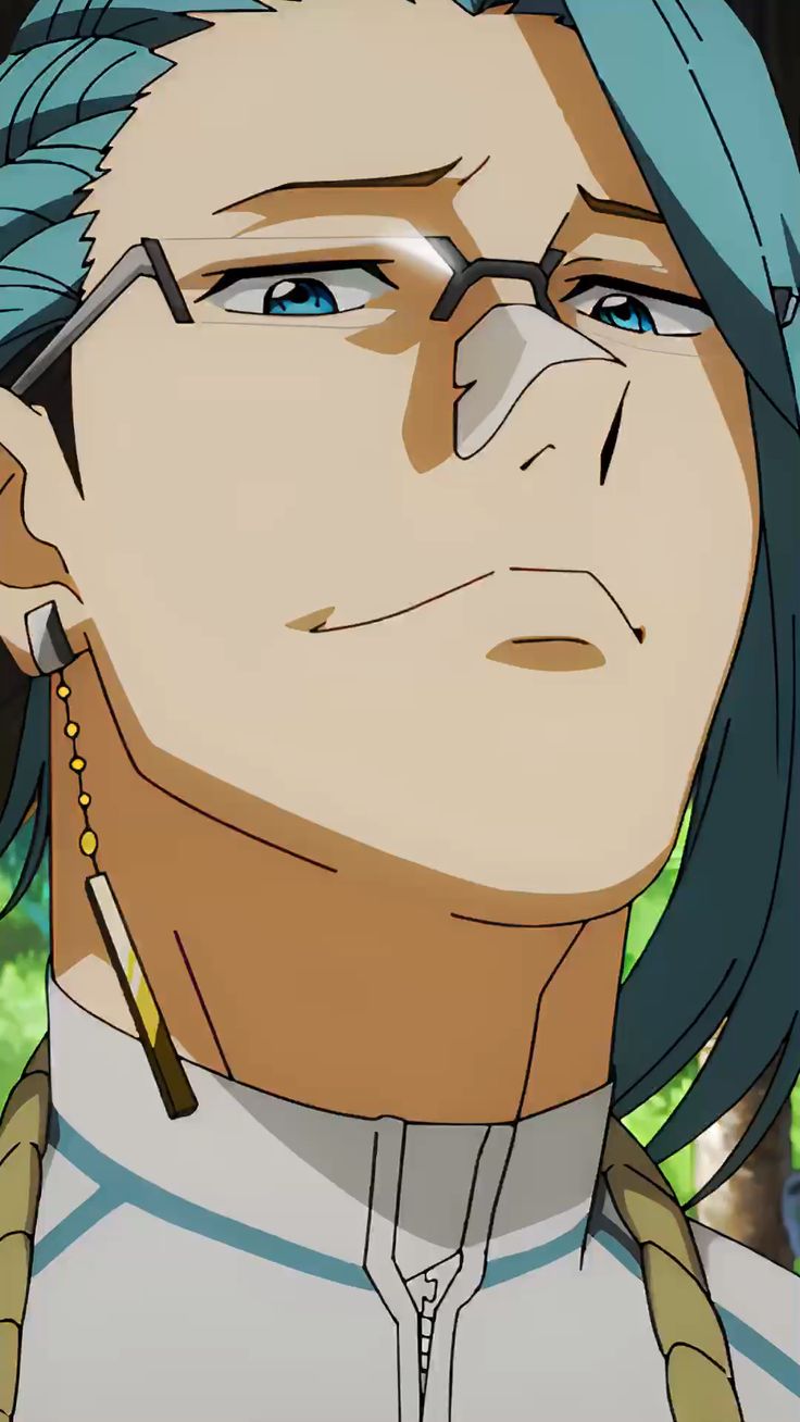 this is a close up illustration of an anime male character. he has turquoise hair, light skin, and is wearing glasses. he has on a white shirt with a high collar, a single long earring and has a confident smirk on his face. the background suggests an outdoor environment.