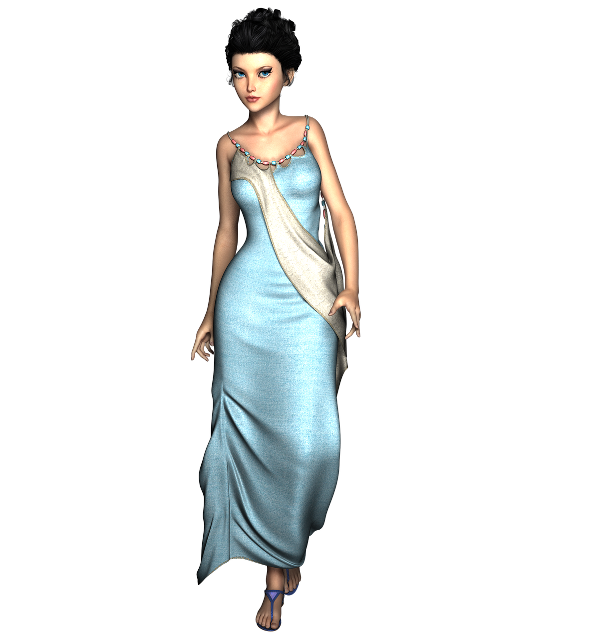 a 3d rendered digital art image of a woman with short dark hair, wearing a long light blue gown with a white sash, and blue sandals. the background is black.