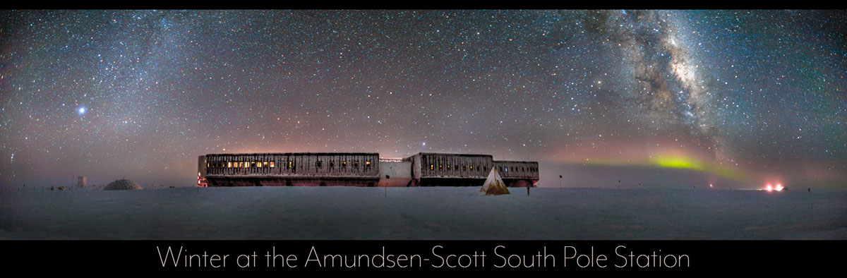 a panoramic night shot of the amundsenscott south pole station in antarctica. the milky way stretches across the sky, with the faint glow of the aurora borealis visible in the distance. the station is situated on a vast expanse of snow and ice, with the dark, starfilled sky above. the image captures the beauty and isolation of this remote location, where scientists and researchers work to advance our understanding of the earth and the universe.