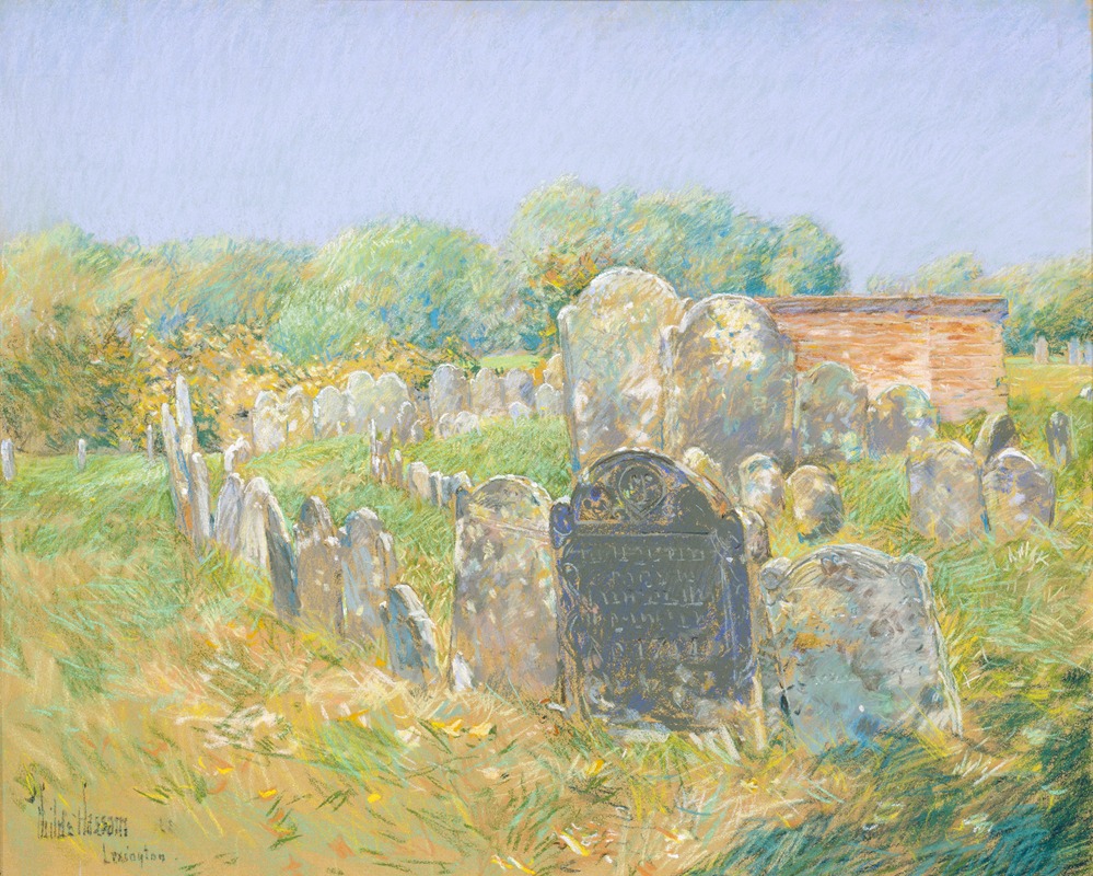 this is a pastel painting of a cemetery with old, weathered gravestones. tall grass grows around the tombstones. there is a brick building in the background, surrounded by trees. the sky is a light blue. the painting is signed by childe hassam and labeled as "lexington" in the bottom left corner.
