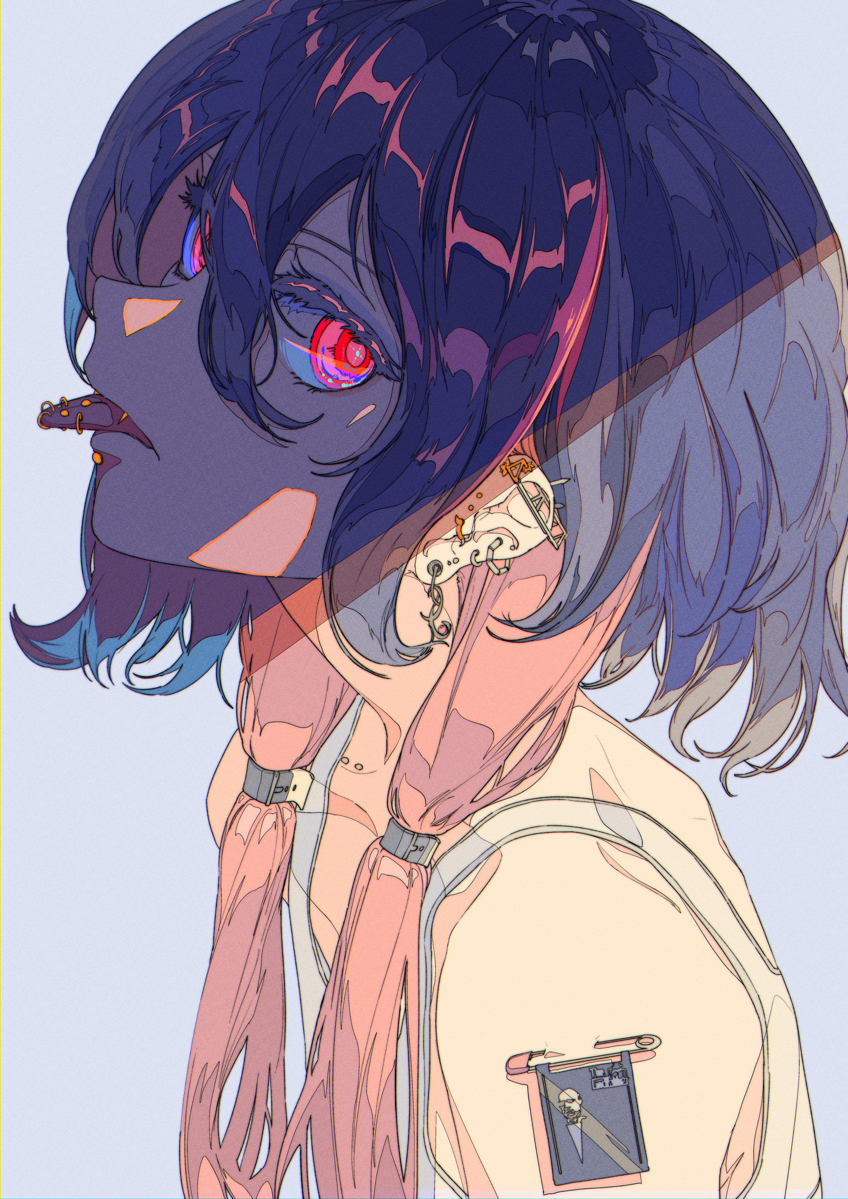 the image is a digital illustration or drawing in a highly stylized anime or manga style.  it depicts a young girl from the shoulders up, shown in profile view. her hair is short, a blend of dark blue and pink, with some strands falling over her shoulder.  she has striking red eyes and multiple piercings visible, including tongue and ear piercings. she wears a lightcolored top with unusual shoulder straps or accessories in a pale pink.  the art style is notable for its bold lines, vibrant color palette, and use of light and shadow to create depth and texture. the overall mood is somewhat edgy and fashionable, with a strong emphasis on visual detail and artistic expression.  the image suggests a character design, possibly for a graphic novel or animation project.