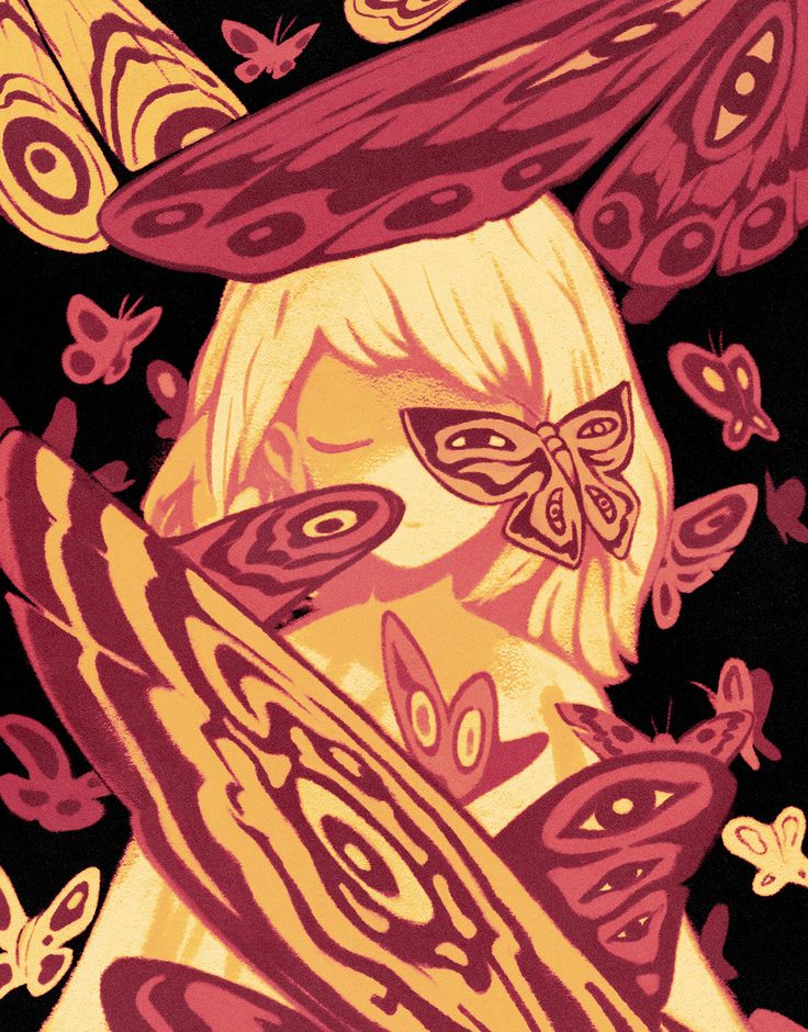 a surreal,  psychedelic artwork with a person surrounded by an abundance of swirling butterfly wings and patterns. the artwork features a variety of colors, textures, and shapes, creating a  whimsical and dreamlike atmosphere.  the vibrant colors and organic forms create a sense of movement and energy, while the overall composition is balanced and harmonious. the artwork is visually captivating and evokes a sense of wonder and intrigue.