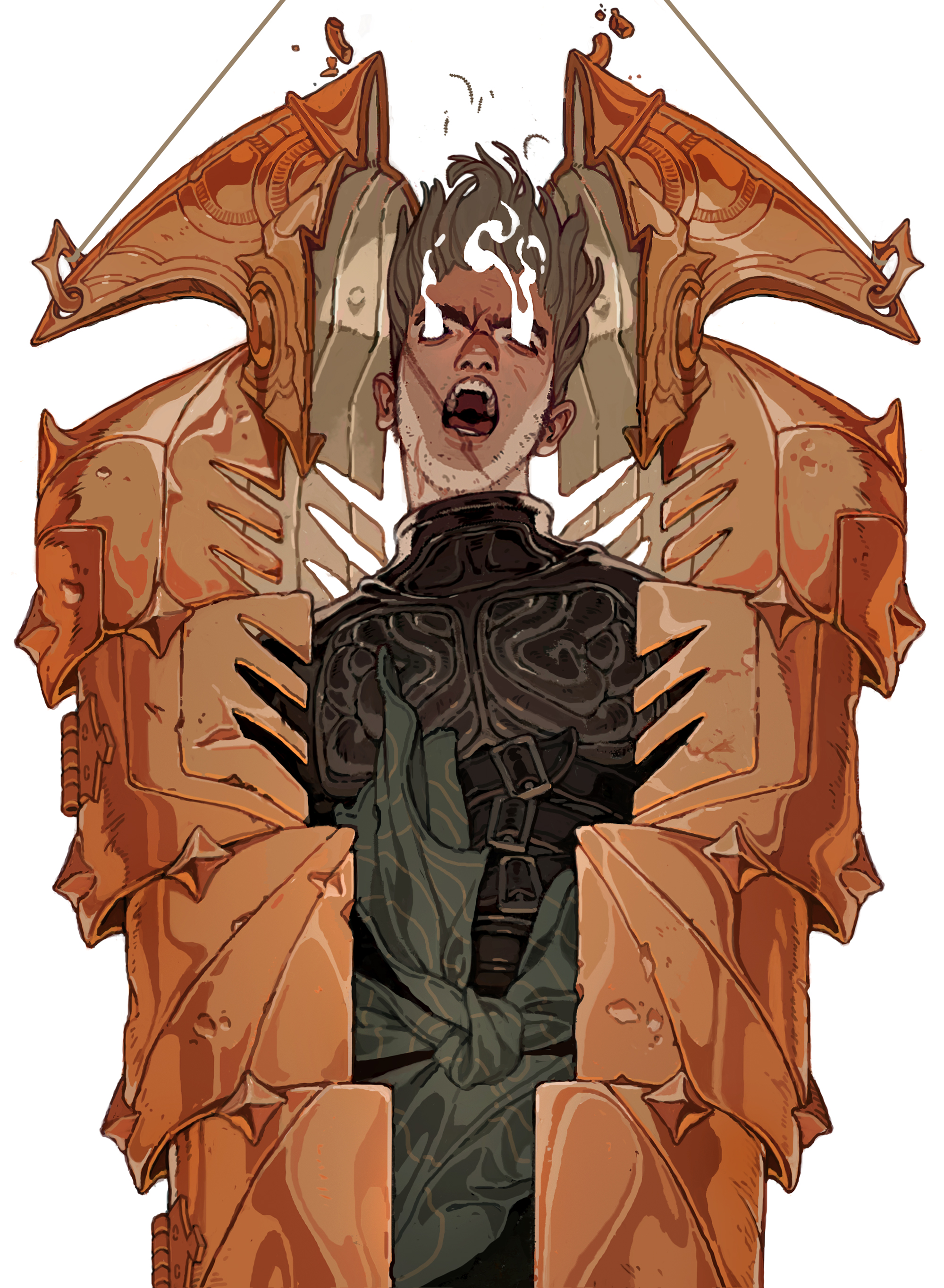 an illustration of a man trapped within metal armor, with a look of immense pain and suffering on his face. he is screaming in anguish, his body contorted and pressed against the rigid metal structure that confines him. the illustration is set in a fantasy world, with intricate details on the armor and a sense of urgency and danger.