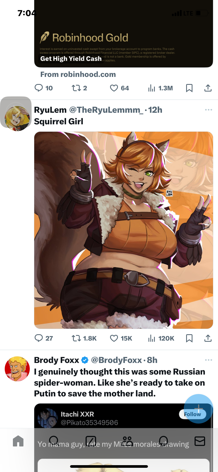 he image shows a twitter post featuring an illustration of an animestyle girl with squirrel ears and a bushy tail.  the post is discussing the image, with one user commenting that they initially thought the character resembled a russian spiderwoman ready to confront putin.  above this, there is a robinhood gold advertisement.  the bottom of the image shows further twitter activity, including a response and the user's profile.