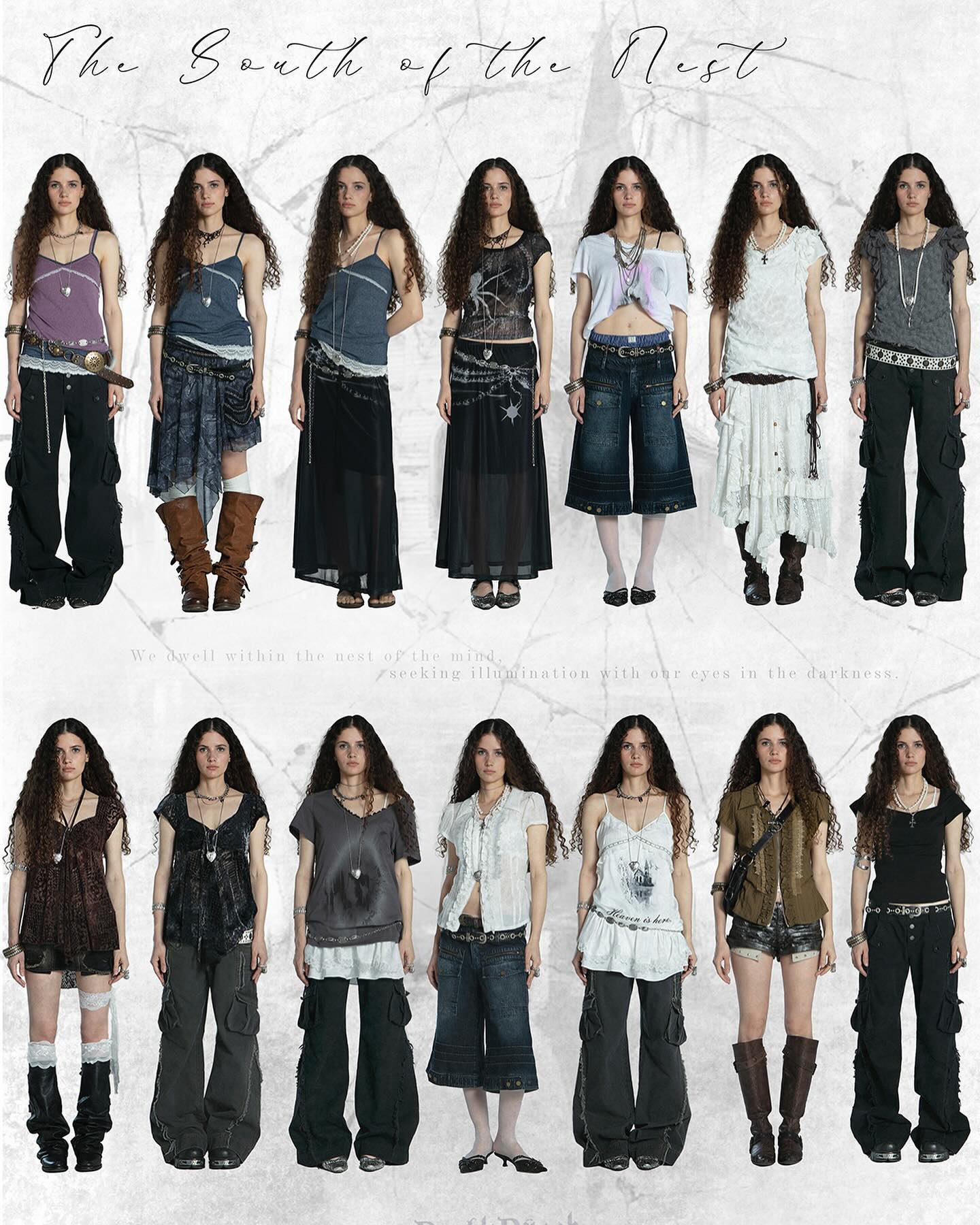 the image is a fashion photoshoot featuring numerous models dressed in various styles of dark and alternative fashion. the models are arranged in two rows, displaying a collection of clothing items.  the outfits combine elements of gothic, grunge, bohemian, and dark fashion, showcasing long skirts, cargo pants, tops, shorts, and boots in dark colors. the overall aesthetic is dark, mysterious and moody. the background is neutral and textured, drawing attention to the clothing and the models.  the image includes a title "the south of the nest" and a quote.