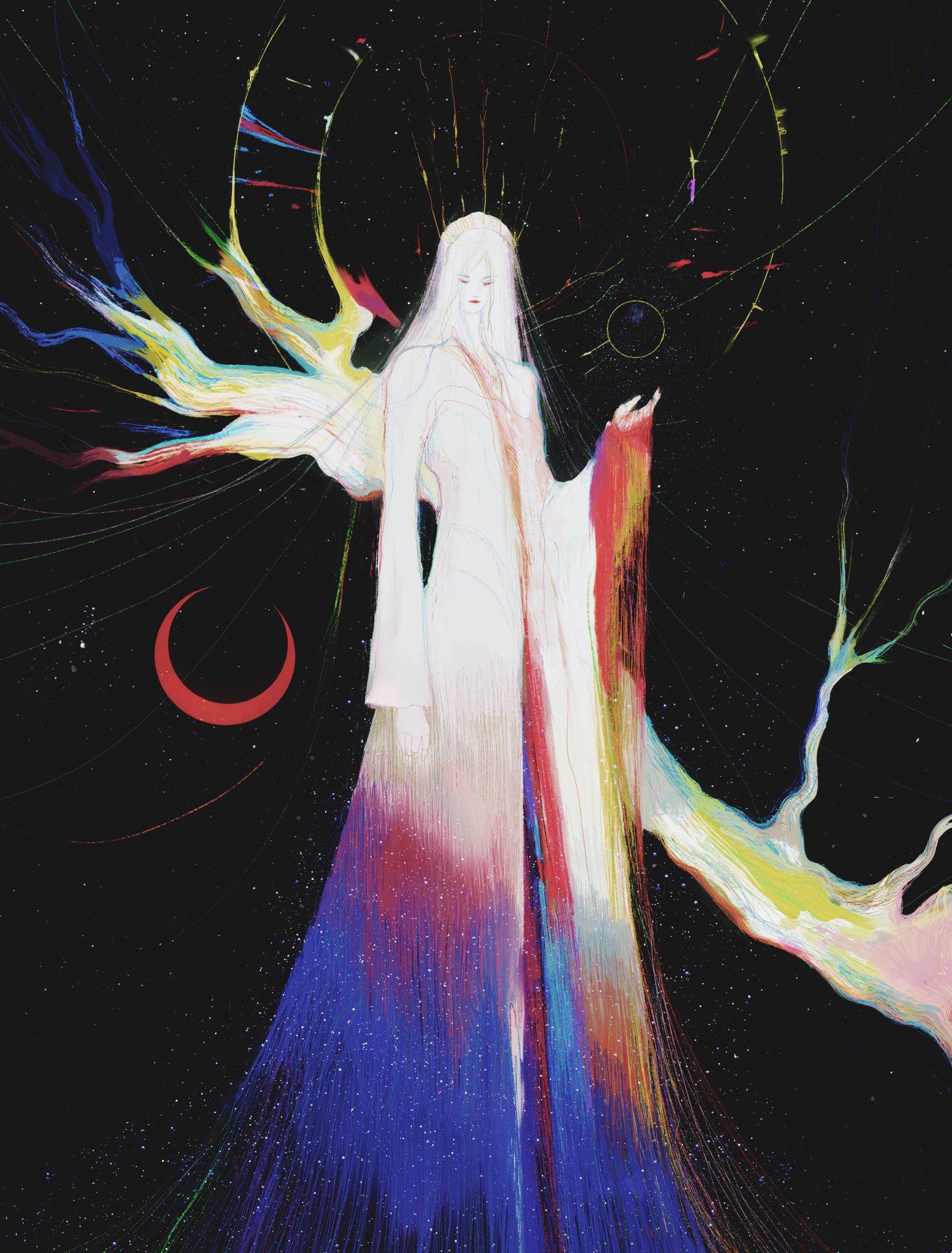 the image is a digital painting or illustration depicting a mystical, ethereal woman. she's dressed in a long, flowing white gown that transitions into a spectrum of vibrant rainbow hues, especially blues, purples, and reds, creating a flowing, almost cosmic effect.  the woman has long white hair and a serene expression. she stands against a dark background studded with stars and a red crescent moon. abstract, treelike forms with bright, colorful, almost paintstrokelike lines branch out around her, adding to the overall mystical and surreal atmosphere. the style is highly stylized and abstract, with the focus on creating a dreamlike, otherworldly feeling.  the artwork is rich in color and texture.