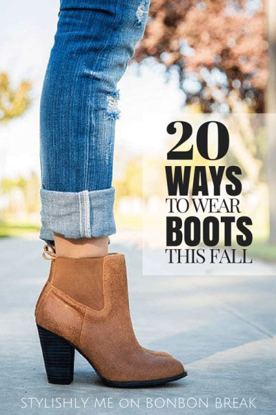 a woman wearing brown ankle boots with a high heel and rolled up jeans. she is standing on a sidewalk with blurry trees and greenery in the background. the text "20 ways to wear boots this fall" is superimposed over the image. the text "stylishly me on bonbon break" is at the bottom of the image.