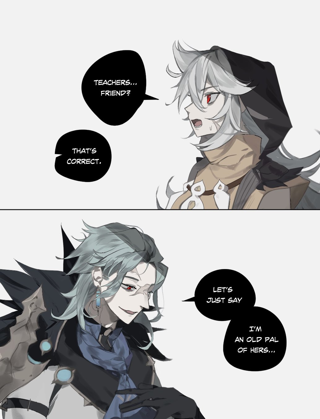 the image depicts a scene from a boys love manga. two male characters are talking to each other. one character is a tall and slender young man with white hair and red eyes, he is wearing a black coat with a hood, and a scarf. he is looking to the left while the other character is looking at him with a playful smirk. the other character is a shorter young man with blue hair and blue eyes, he is wearing a black coat with a blue scarf and has a sly expression on his face. they seem to be having a friendly conversation with a little bit of tension.