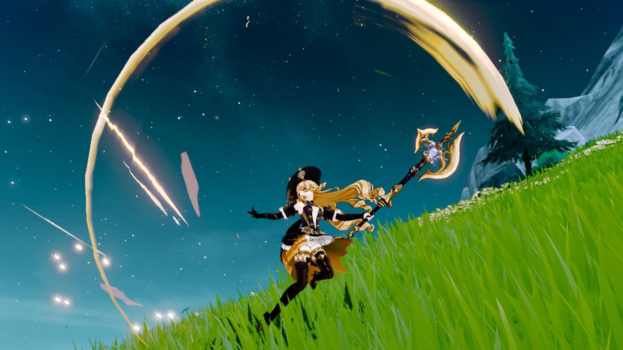 the image is a screenshot from the video game genshin impact, featuring the character klee in action.  she's a young girl with blond hair wearing a dark, ornate dress, wielding a large golden staff. klee is depicted midattack, generating a glowing golden arcshaped trail behind her weapon. the background is a lush green grassy field under a dark night sky with numerous shooting stars visible. the scene is evocative of a fantasy setting, typical of the game's style.