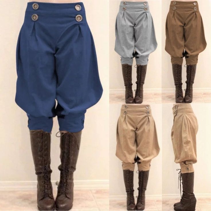 the image shows four different women in four different colored pants. all of the women are wearing brown boots. the pants are all highwaisted and pleated. the pants come in blue, gray, brown, and khaki. they are all wearing the same style of pants.  the women appear to be wearing fashionable clothing.