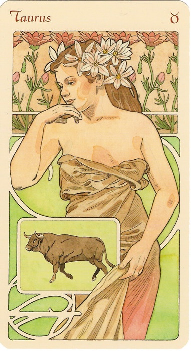 an art nouveau style illustration of the taurus zodiac sign. a woman with flowers in her hair is draped in fabric, and a brown bull is shown in a rectangular frame. the word "taurus" and the taurus symbol are visible at the top of the image. the overall style is reminiscent of vintage posters and tarot cards.