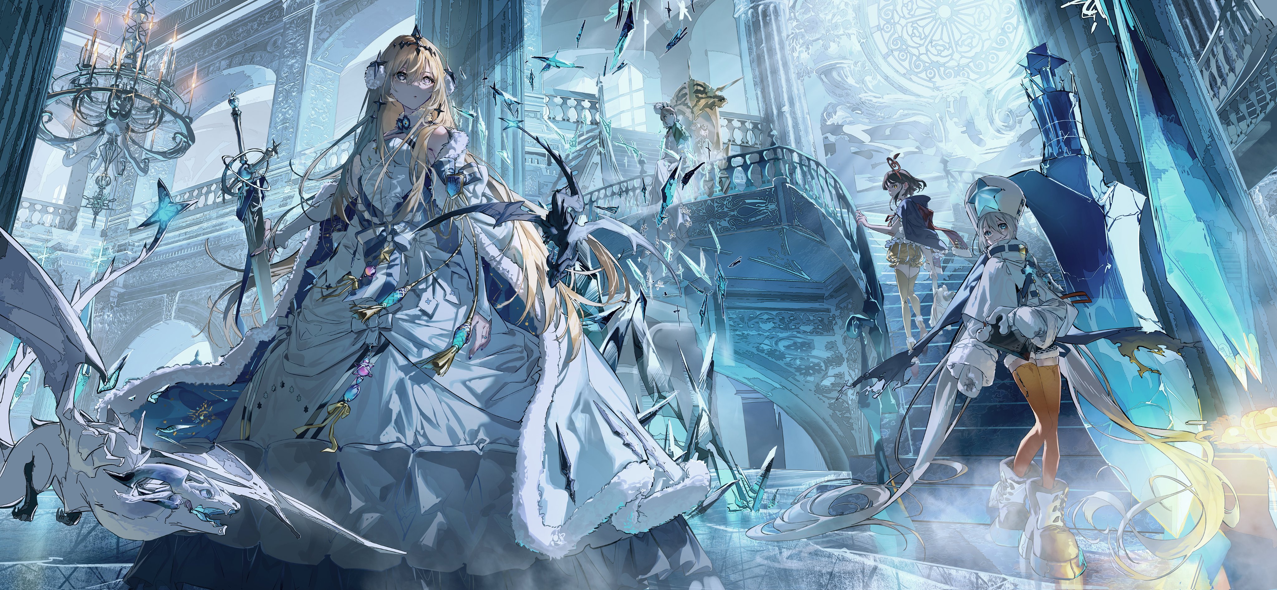 the image depicts a scene from an anime or fantasy world, where a group of magical girls are standing in a grand ice castle, adorned with intricate details. the main focus is on a blondehaired magical girl in a white dress, holding a sword, as if ready for a battle. there are also two other magical girls, one with a red hat and one with a white hat, both with long hair and intricate outfits. the castle is filled with ice crystals and shards, while floating icelike dragons are in the background,  adding to the enchanting atmosphere.  the scene feels ethereal and magical, suggesting a battle between good and evil.