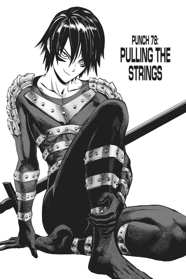 a black and white illustration of a manga character with long black hair. the character is a man wearing a black costume with silver accents. he is sitting with his legs crossed and holding a sword. his face is serious and intense, his eyes are wide and his expression is one of determination. the title of the page is "punch 78: pulling the strings" and the image is drawn in a classic manga style.