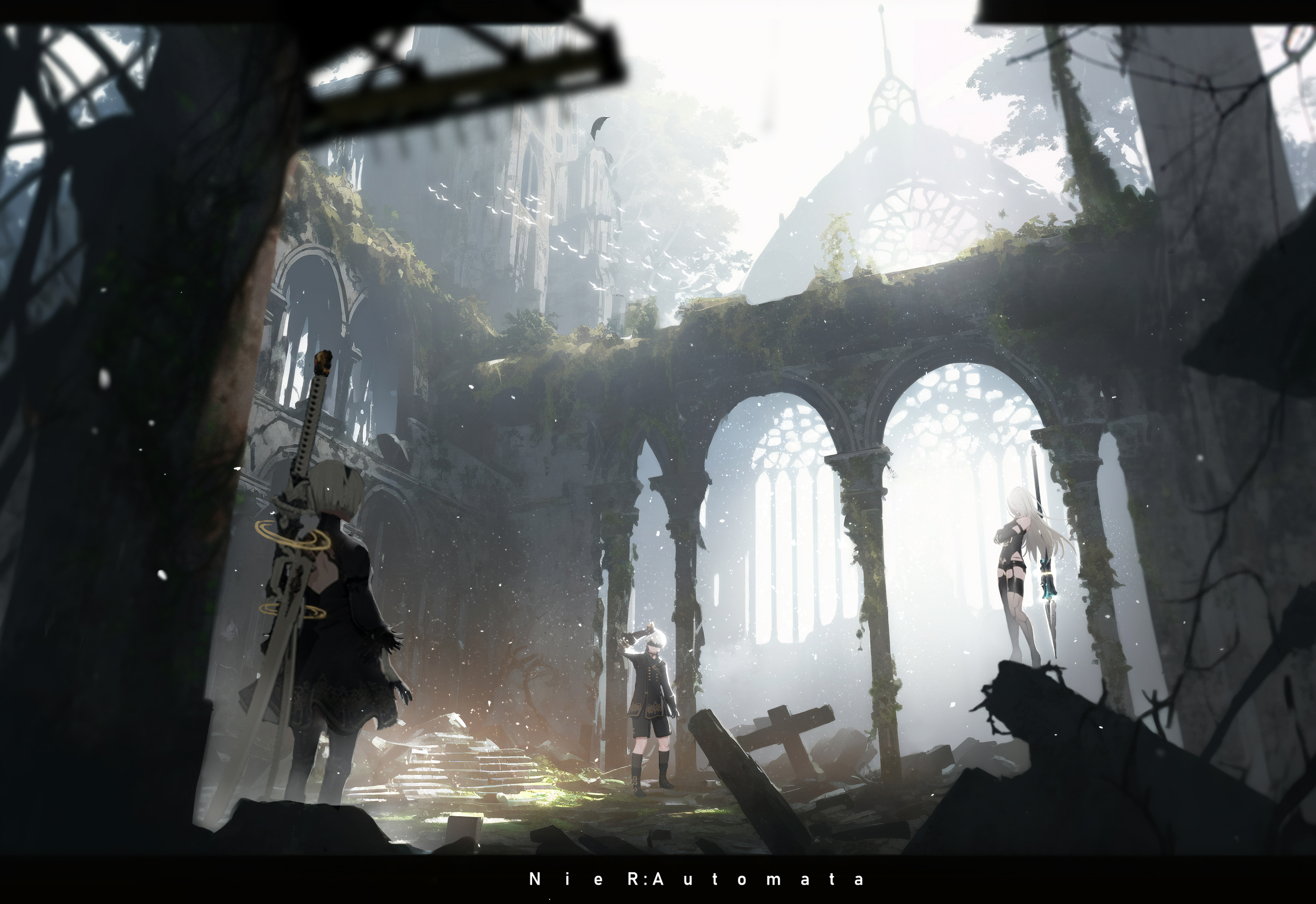 the image is a digital painting depicting a scene from the video game nier: automata. three android characters, recognizable as 2b, a2, and 9s, stand amidst the ruins of a large, gothicstyle church. the building is overgrown with vegetation and partially collapsed, indicating a postapocalyptic setting.  2b is in the foreground, wielding a large sword. a2 is visible in the background, appearing to be poised. 9s is also in the background, standing near some debris. the atmosphere is atmospheric, melancholic, and somewhat peaceful despite the context of the setting and characters' weaponry.  the color palette is muted, primarily consisting of greys, whites, and blacks, enhancing the desolate mood.  the scene suggests a moment of quiet contemplation or before/after a battle, showcasing the game's characteristic blend of action and contemplative atmosphere.