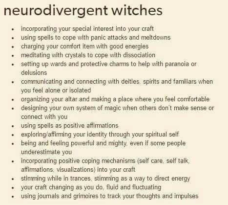 the image features a list titled "neurodivergent witches" written on textured parchmentlike background. the list details various ways that neurodivergent individuals can incorporate their neurodiversity into practicing witchcraft. this includes using spells for coping mechanisms, incorporating special interests, and adapting practices to individual needs.