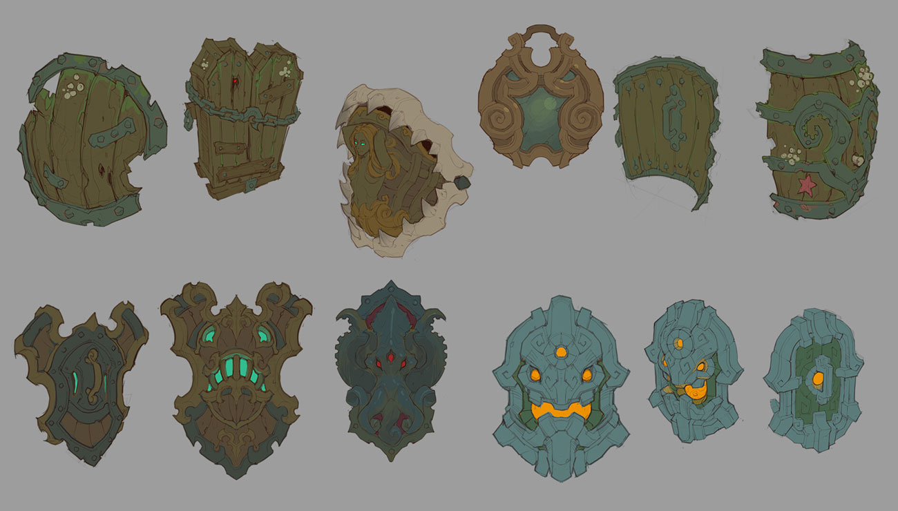 this is a digital illustration of a collection of shield designs. they are in various shapes and sizes and feature different materials, such as wood, metal, and some also feature fantastical creature elements. the shields are all drawn with a stylized cartoon look.