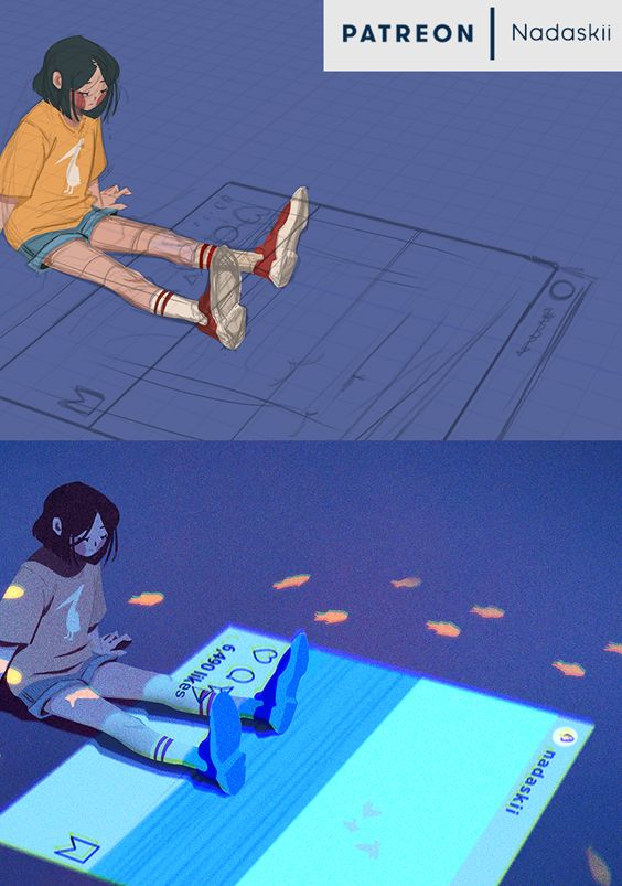 this digital illustration is a vibrant composition featuring an animestyle girl in a blue and yellow outfit sitting on a digital screen. the screen is projected onto a surface, and the girl is wearing blue and white striped socks. the background is a dark blue with a hint of purple. the scene is filled with colorful fish and a slight sparkle effect, evoking a sense of wonder and magic. the image blends digital and organic elements to create a captivating visual experience.