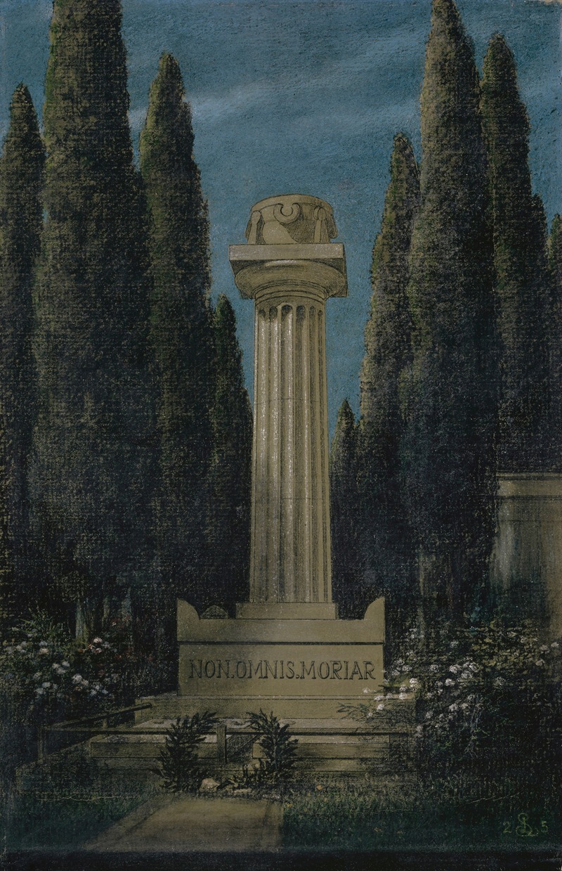 the image is a painting of a tall stone monument, possibly a tombstone, standing in what appears to be a cemetery or garden at night. the monument is a classicalstyle column with a decorative element on top and an inscription, "non.omnis.moriar," carved into its base. tall, dark cypress trees surround the monument, creating a somber and mysterious atmosphere. the sky is a muted blue, suggesting night or dusk. there are plants and possibly flowers growing around the base of the monument and a path leading to it.