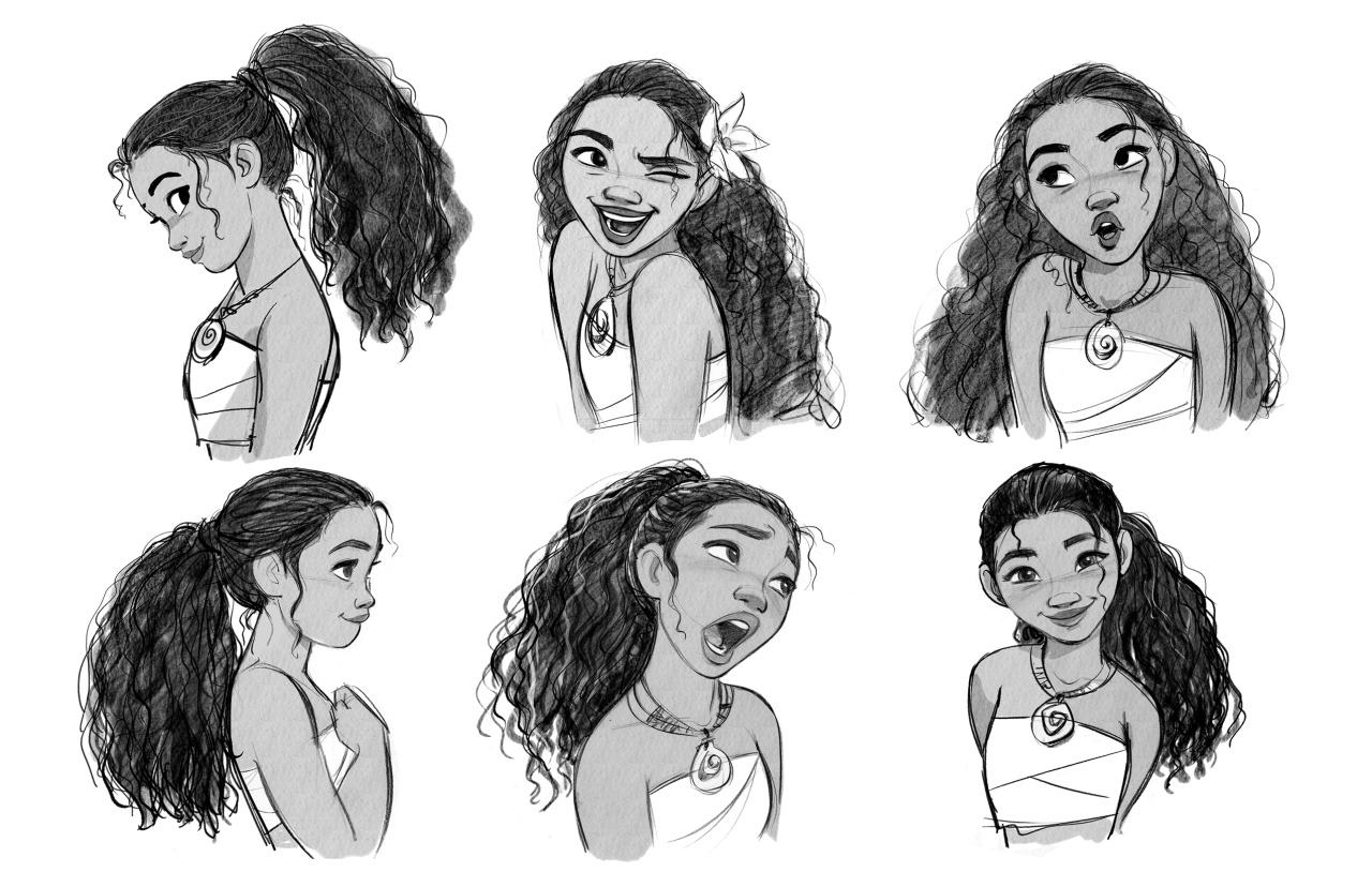 the image is a collection of character design sketches of moana from the disney movie. they are drawn in black and white and display different expressions and poses. she is wearing her signature necklace and a white top. some of the sketches show her hair in a ponytail, while others have her hair down with a flower in it.