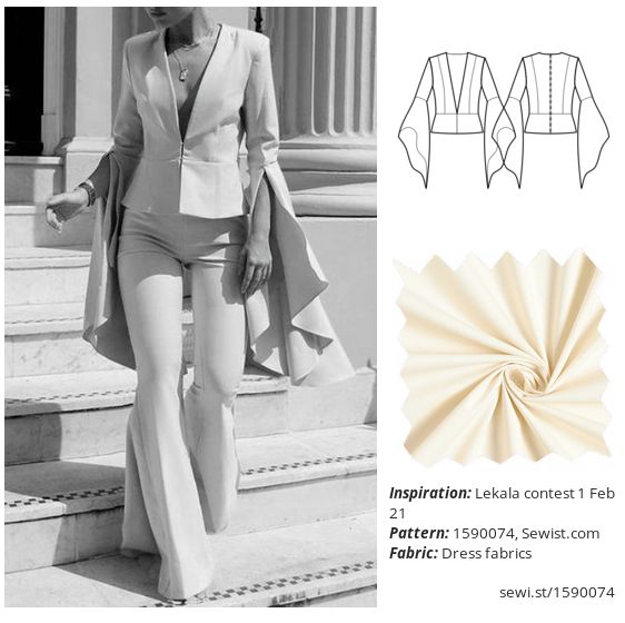 the image shows a woman in a fashionable suit, next to a sewing pattern and a swatch of fabric. the suit consists of a vneck blazer with long, flared sleeves and matching flared pants. the woman is standing on a staircase in front of a building with columns. the sewing pattern is a technical drawing of the blazer, and the fabric swatch is a lightcolored dress fabric. text information about the pattern and fabric is also included.