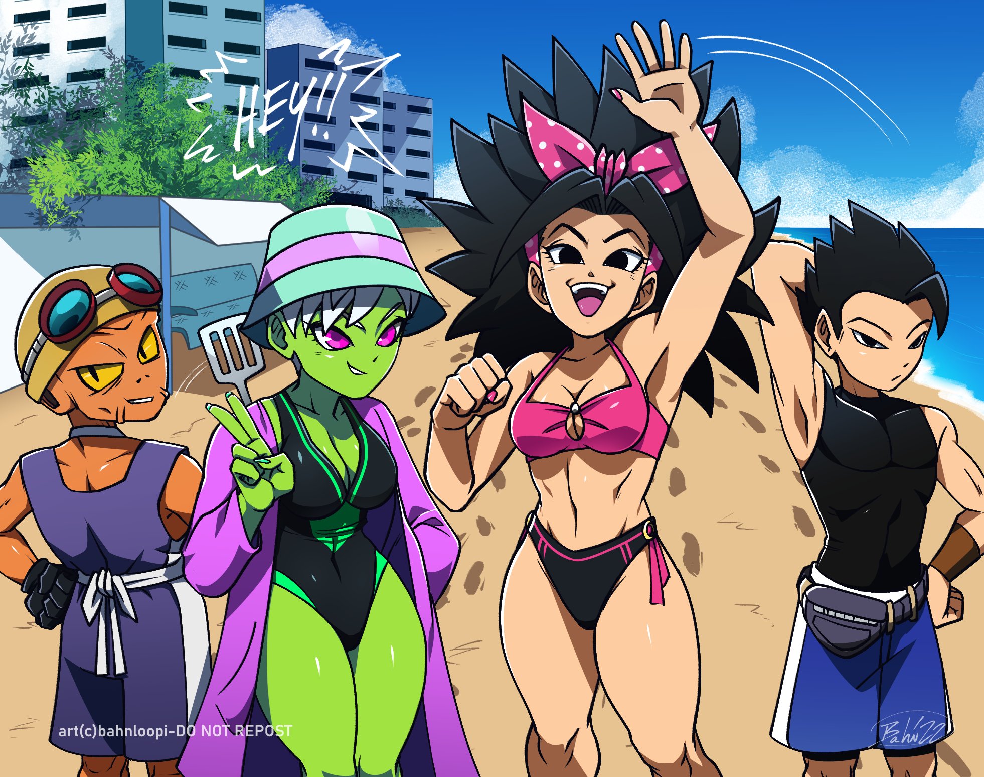the image is a digital illustration of four anime/manga characters on a beach. the characters are drawn in a colorful and dynamic style. the characters are all dressed in beachwear and are enjoying their time on the beach. there is a greenskinned female character with long purple hair, wearing a green bikini, and a purple robe. she's holding a spatula and smiling. there is a woman with long black hair, wearing a pink bikini, and a black belt.  she's waving to the viewer with a happy expression on her face.  there is a darkskinned man with short black hair, wearing blue swim trunks and a black shirt, with a bag around his waist. he looks to the side, smiling.  there is a tanskinned man with short black hair, wearing a purple shirt and shorts. he's wearing glasses and has a serious expression on his face.  they are all in front of an ocean background with white sand.  there are buildings in the background and the sky is blue with white clouds. the word "hey!" appears in the top left corner of the image.  the image overall is bright and cheerful, conveying a sense of fun and relaxation.