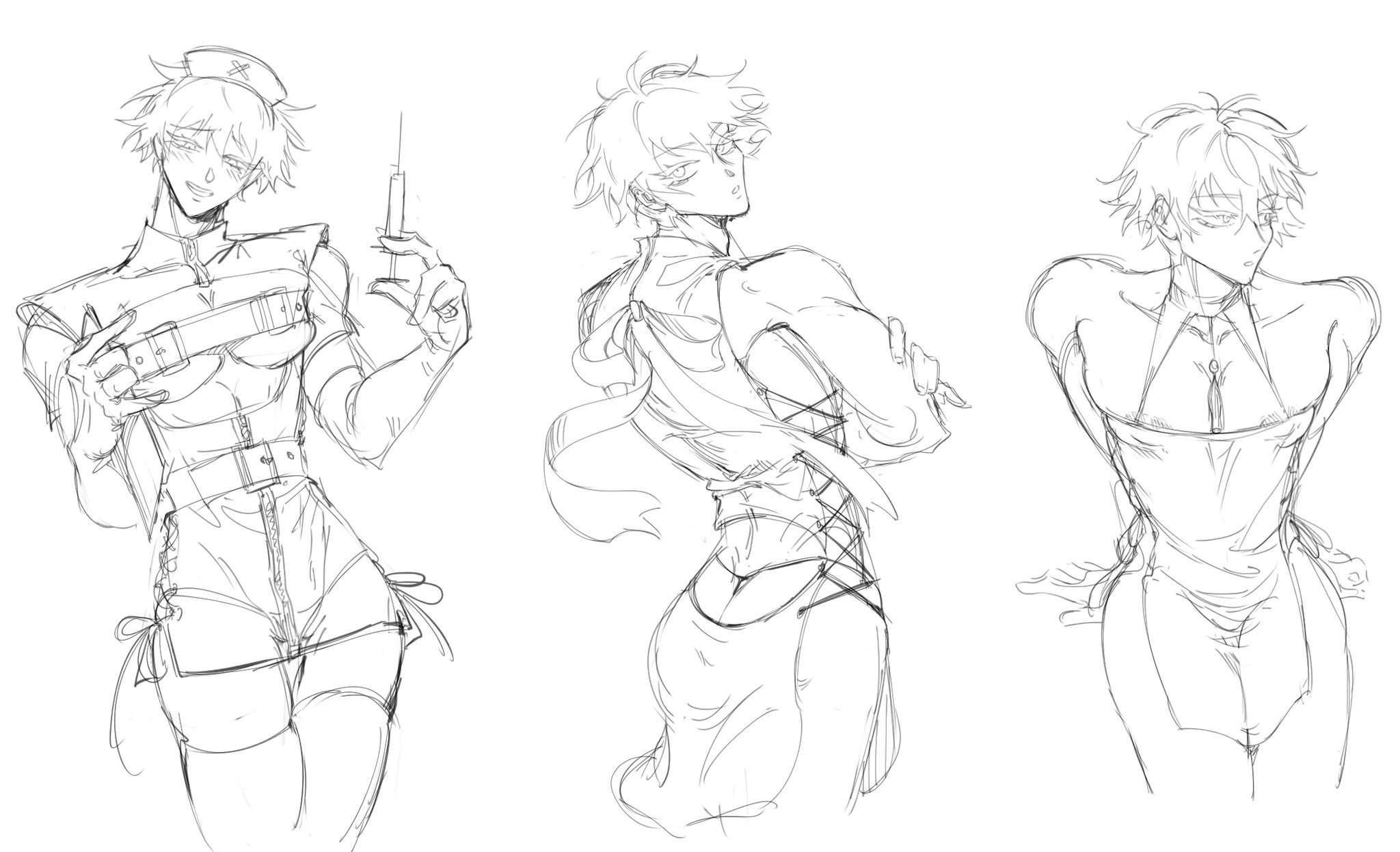 the image contains three pencil sketches of an animestyle male character in various poses and outfits.  the first sketch depicts the character as a nurse, holding a syringe, dressed in a revealing nurse costume with corsetlike elements. the second sketch shows the character from behind, wearing a similar outfit, with the corsetlike structure visible.  the third sketch features the character in a more simplified apronlike outfit, showcasing a different aesthetic. all the sketches are done in a loose, expressive style, common in concept art or character design development. the overall style is suggestive and leans towards a slightly provocative aesthetic.