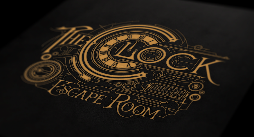 the image is a logo for "the clock escape room" on a black background. the logo is gold and features a clock face, gears, and other mechanical elements. the words "the clock" are prominently displayed in the center, while "escape room" appears below. the design evokes a sense of mystery and intrigue, hinting at the challenges and puzzles that await within the escape room experience.