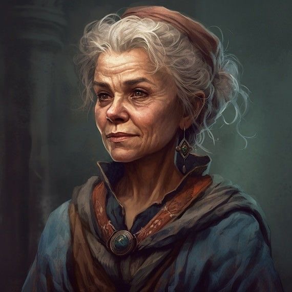 a portrait of an old woman with gray hair and wrinkles on her face. she is wearing a blue shirt with a brown scarf and a necklace with a green stone pendant. she has a headband on her head and earrings in her ears. the background is green. the picture is a closeup of the woman's face.