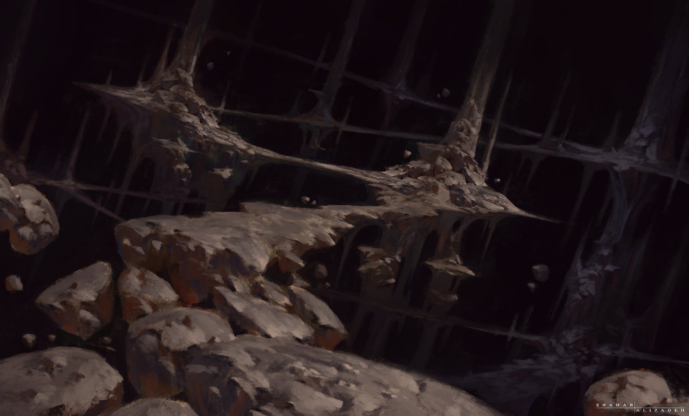 the image is a digital painting depicting a dark, subterranean environment. the scene is dominated by large, irregularly shaped rocks and stones, some appearing to be fragments of a larger structure.  these rocky formations are interspersed with what seems to be a decaying or eroded architectural structure, characterized by dark, almost viscouslooking vertical elements that resemble columns or stalactites. the overall mood is dark, mysterious, and somewhat desolate. the lighting is minimal, adding to the sense of gloom and uncertainty. the style is painterly, with visible brushstrokes contributing to the texture and overall atmospheric effect. the perspective suggests a viewpoint looking slightly down into a complex, multilevel cavern system.