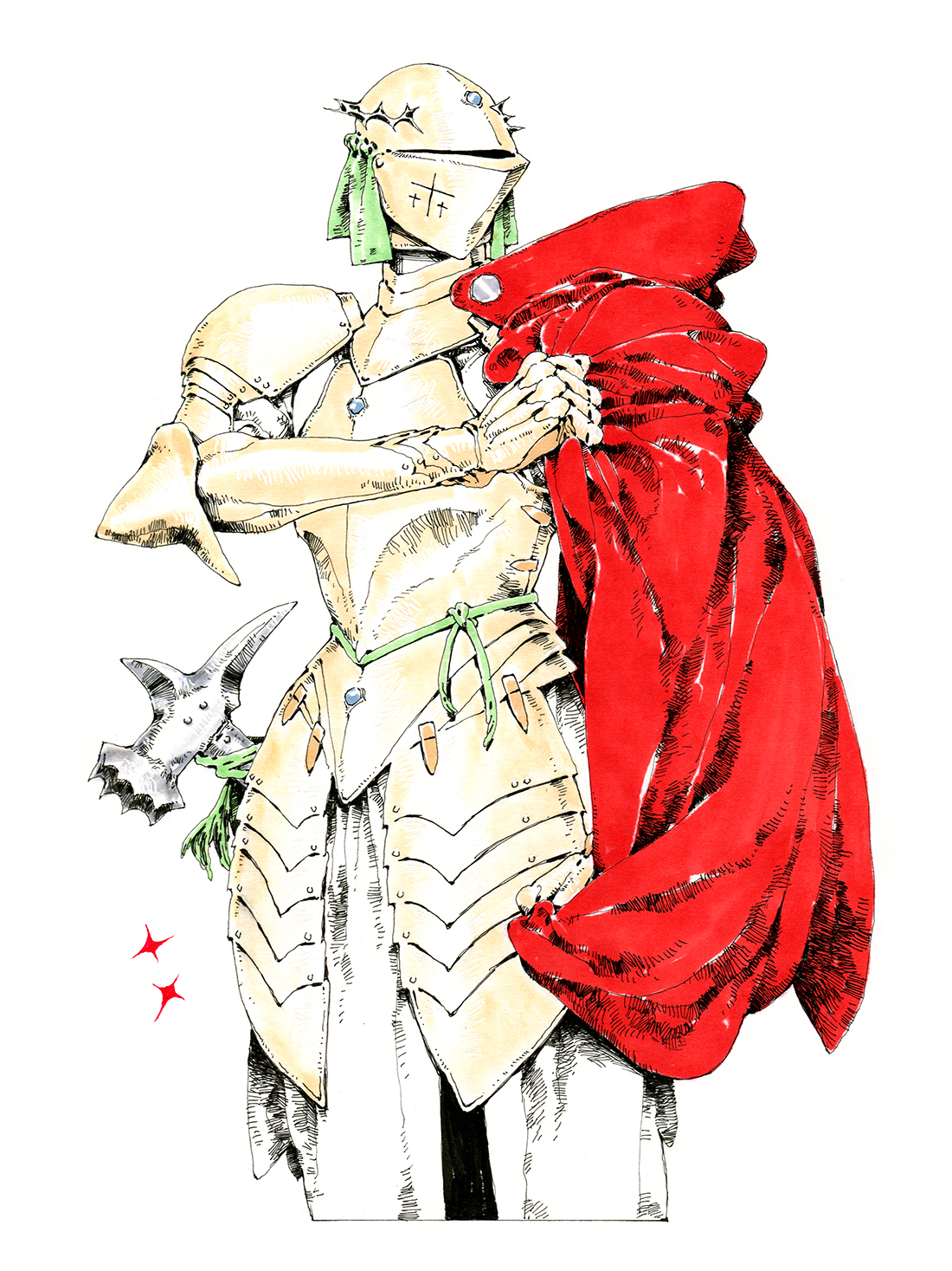 this illustration depicts a knight in detailed, ornate plate armor, their visor closed to obscure their face. they stand in a confident pose, adjusting a vibrant red cloak draped over their left shoulder. a large war hammer hangs from their belt, its head featuring a menacing spiked design. the knight's armor is predominantly white and grey, with hints of green ribbon and accents. the image has a clean, handdrawn quality with a slightly low viewing angle.