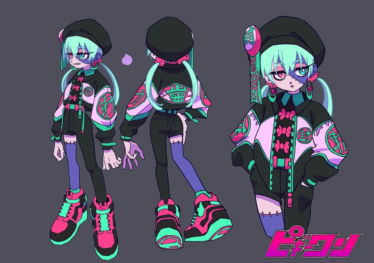 he image showcases a character design concept, likely for an anime or manga, with a distinct streetwearinspired aesthetic. the character, with mint green hair and a black beret, sports a black and white jacket adorned with pink accents and japanese characters. ripped black pants, vibrant sneakers, and bold accessories complete the look, conveying a cyberpunk or futuristic vibe. the image presents three views of the character: front, back, and threequarter, offering a comprehensive look at the design. the vibrant color palette adds to the overall energy and visual appeal.