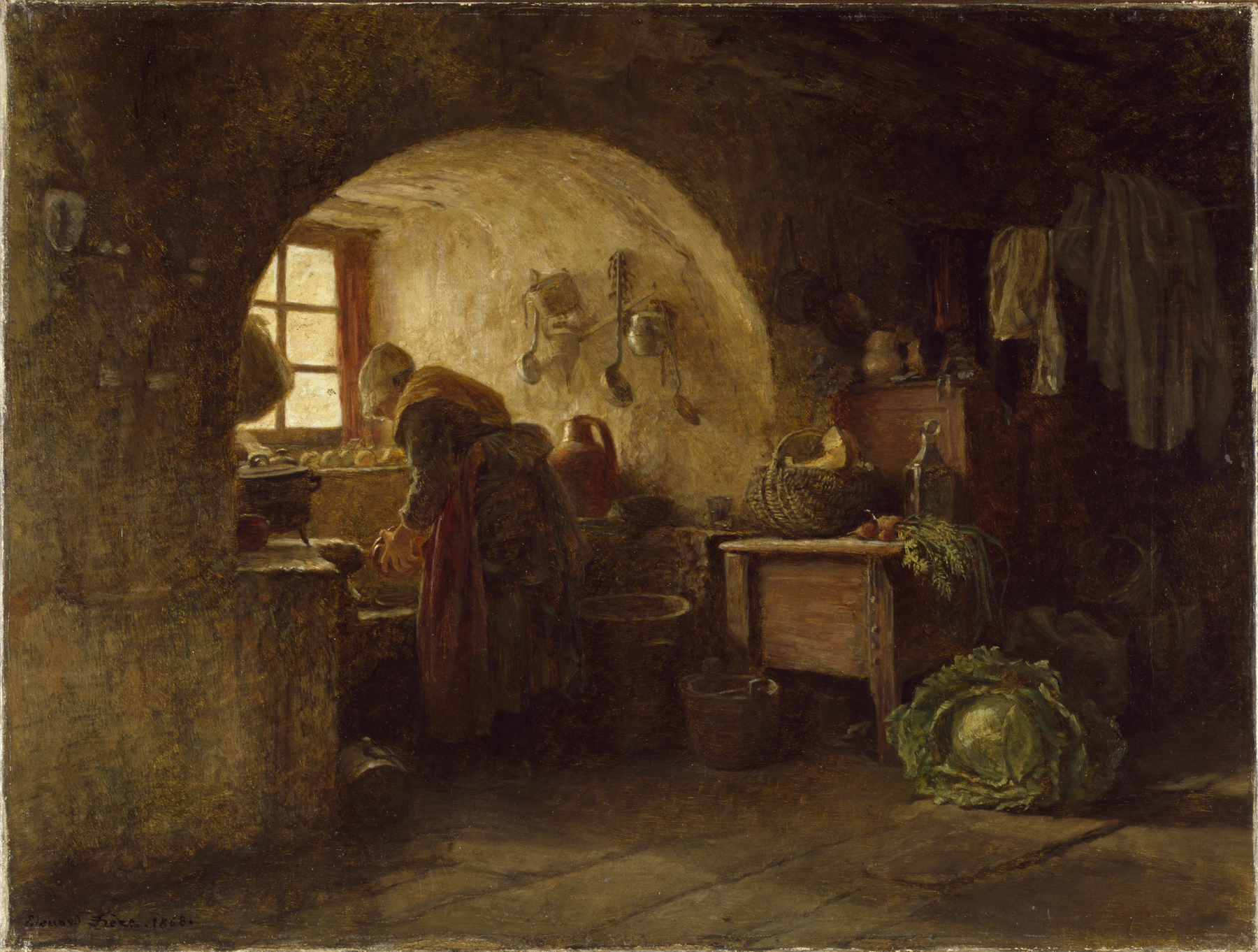 the image is a painting of a kitchen interior with an old woman. the woman is standing near a window and appears to be engaged in food preparation or cooking. a large cabbage sits on the floor near a cabinet. there are various kitchen utensils and pottery items displayed around the kitchen. clothes hang on the wall. a basket sits on a table. there is a stove in the background. the scene is dimly lit and has a rustic feel.