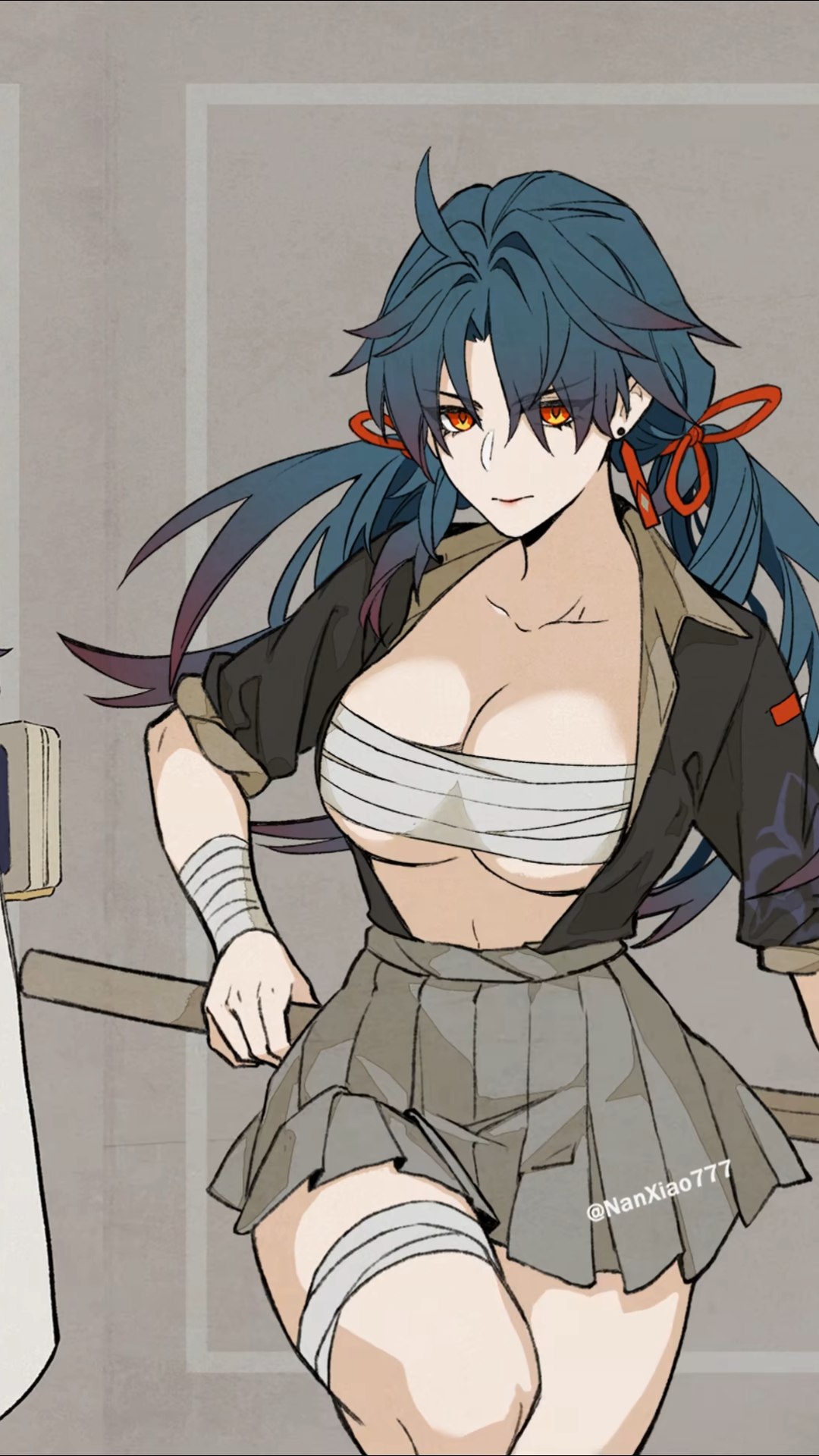 the image is a digital illustration or fanart of an animestyle female character. she has long dark blue hair tied with a red ribbon, orange eyes, and is wearing a grey pleated skirt and a dark jacket.  she also has bandages on her chest and thighs. she holds a long wooden weapon or tool. the art style is slightly rough but detailed, with a muted color palette and soft shading. the background is simple and muted, drawing focus to the character.  the artist's signature, "@nanxiao777", is visible in the lower right corner.