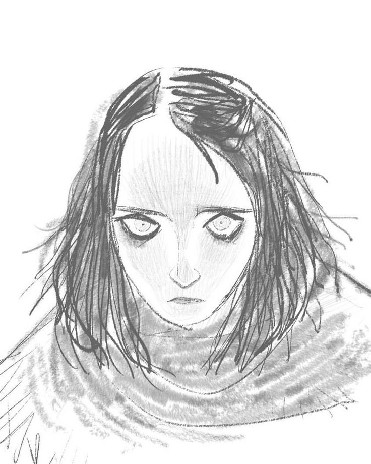 a black and white drawing of a woman with long dark hair. she has a sad, serious expression on her face. her eyes are wide open, and her lips are slightly parted. she is wearing a scarf or shawl around her neck. the drawing is very detailed and realistic.