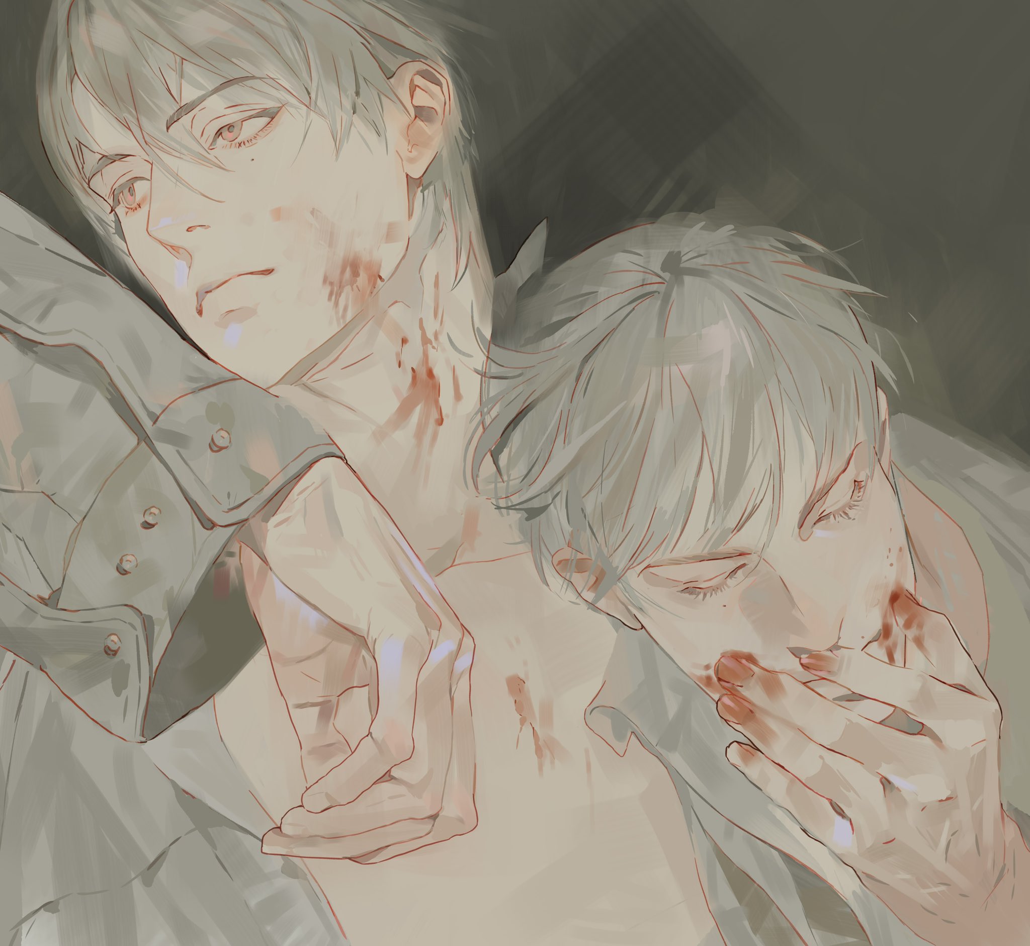 an illustration depicts two young men with gray hair in a melancholic embrace. both are lightly bloodied around their face, neck and hands, suggesting injury or wound. one man is holding his hand over his mouth, appearing to be in distress, while the other is embracing him tightly. the overall tone of the artwork is somber and poignant. the drawing style is manga/anime.