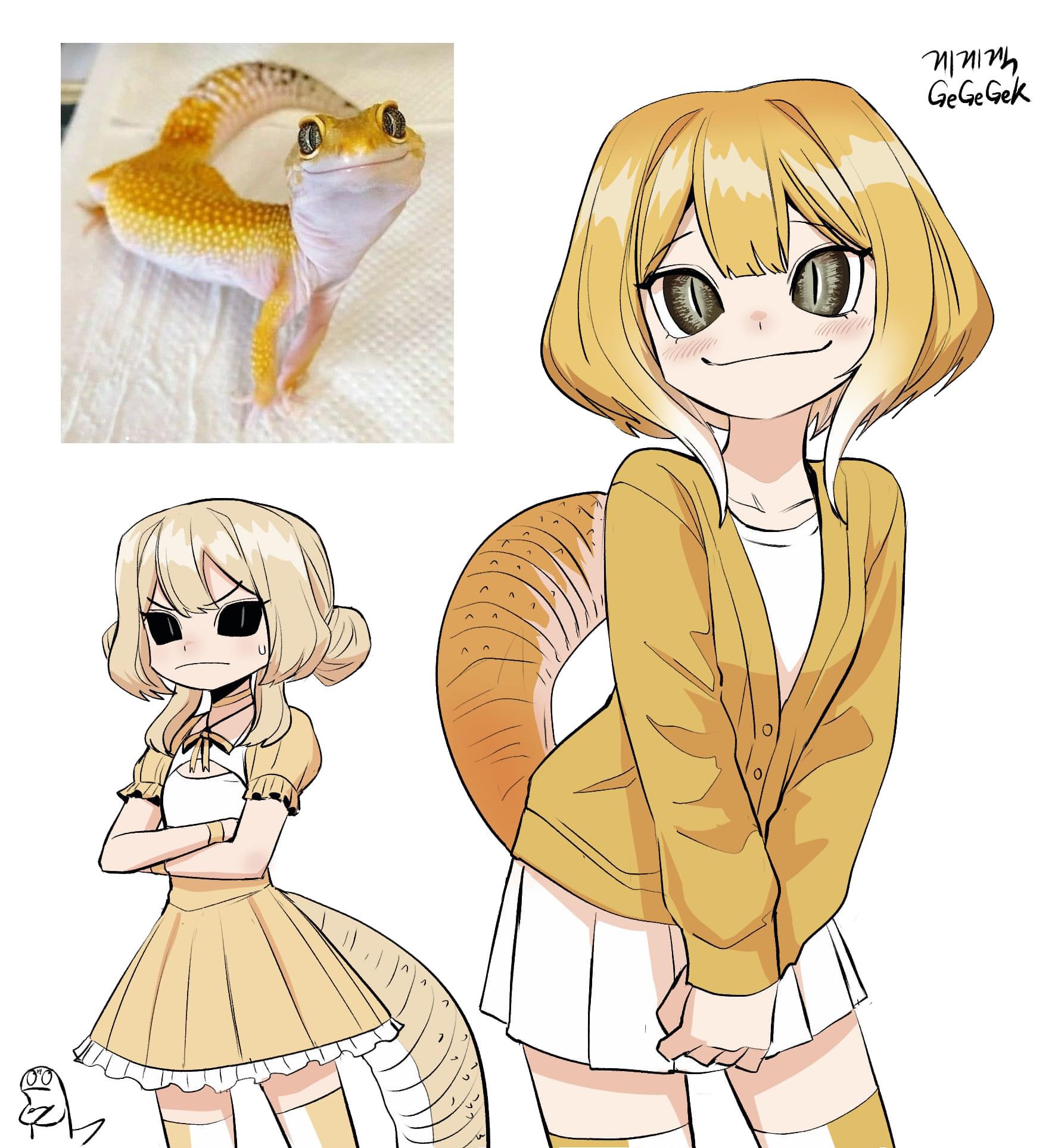 he image shows a comparison between a real leopard gecko and its anthropomorphic animestyle representation.  on the left is a photograph of a yellowishtan leopard gecko. to the right are three cartoon drawings: a larger version of the gecko as an anime girl with blond hair, and two smaller versions. one is a smaller version of the main anime girl and the other is a smaller chibi version with her arms crossed. the style is reminiscent of japanese anime and manga. the overall aesthetic is cute and playful.