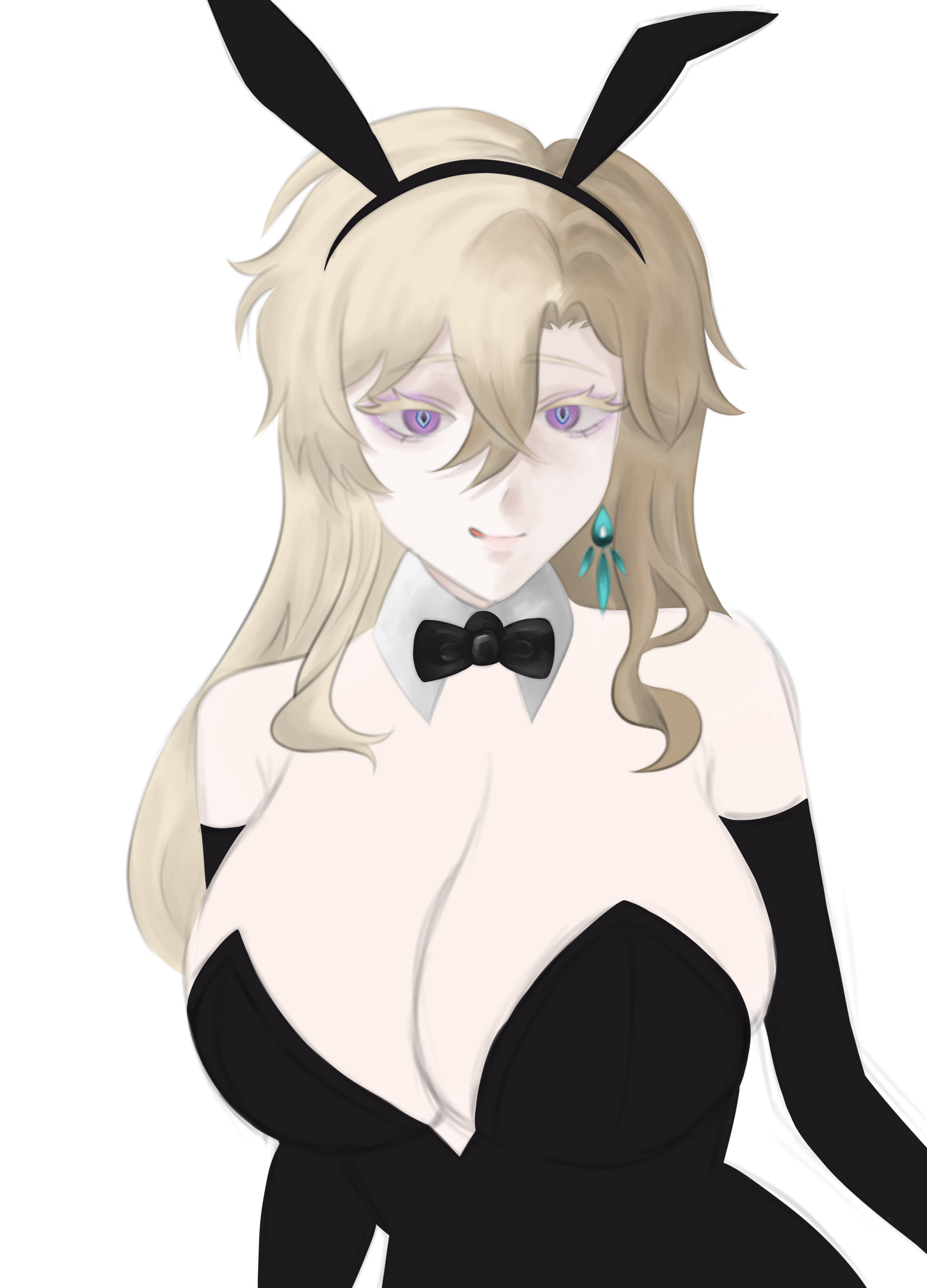 the image is a digital drawing or painting of an animestyle female character dressed as a bunny girl. she has long blonde hair, purple eyes, and is wearing a black bunny girl outfit with a white collar and bow tie.  she has bunny ears on her head and is depicted in a slightly suggestive pose, with a smirk on her face. the art style is soft and slightly muted in color.