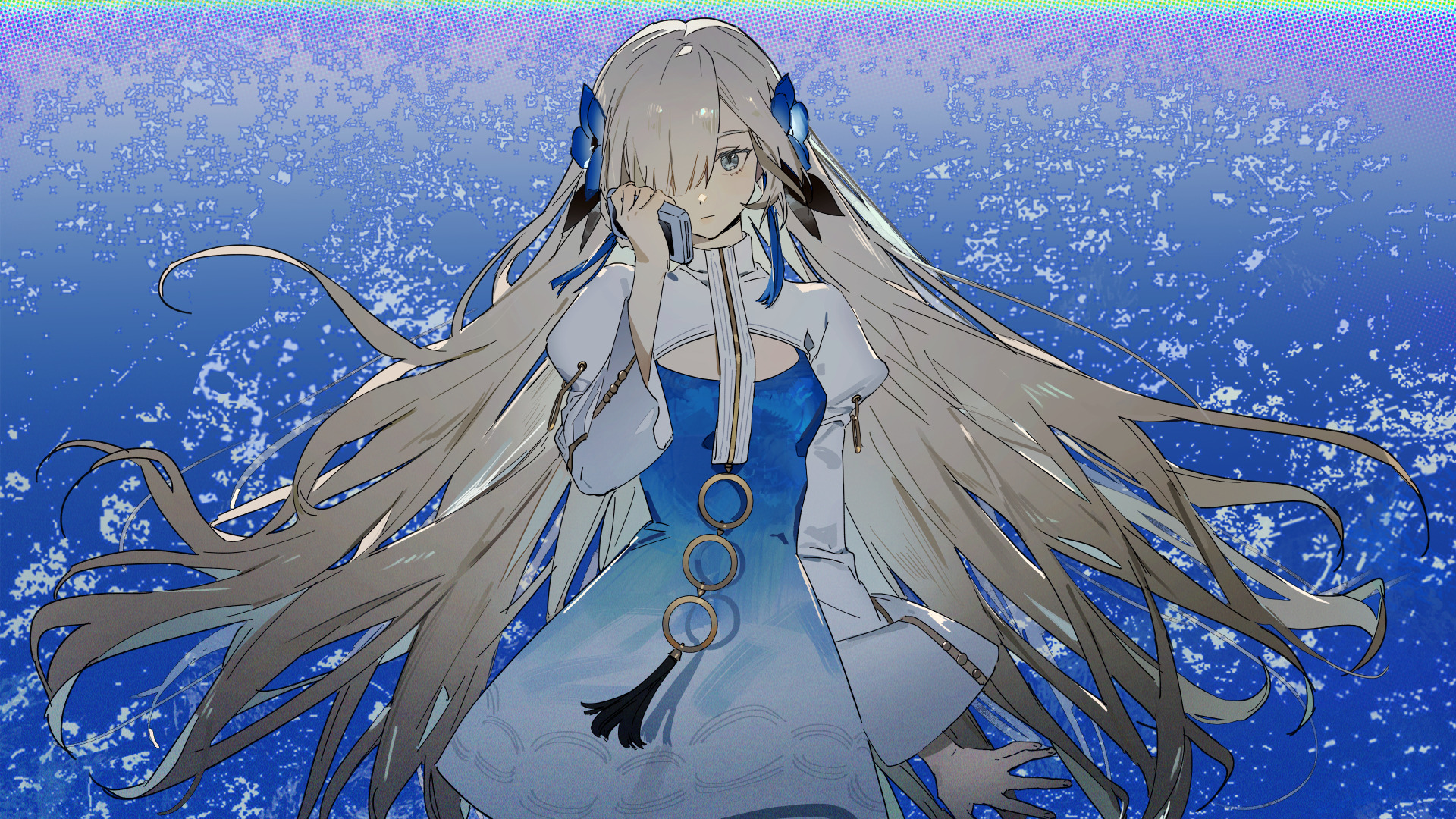 an anime girl with long, lightcolored hair and blue butterfly hair clips is shown from the chest up. she is holding a phone to her ear. she's wearing a blue and white dress with a cutout at the chest and gold rings hanging down the front. the background is a light blue color with a pattern of small white shapes.