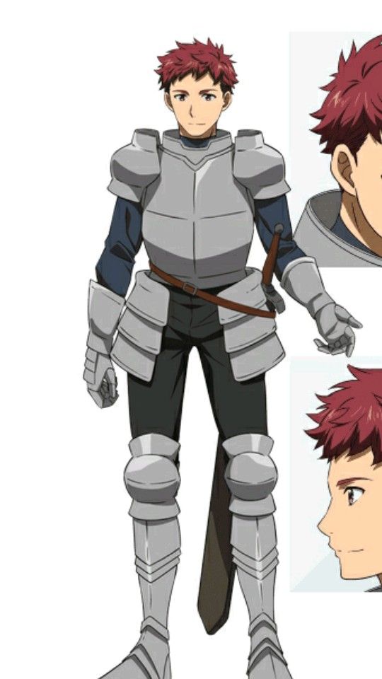 this is a fullbody illustration of an anime character. the character is a male knight, with red hair and wearing full silver armor. he is holding a sword and has a serious expression on his face. he is standing on a white background. the image is likely from a fantasy anime or manga.