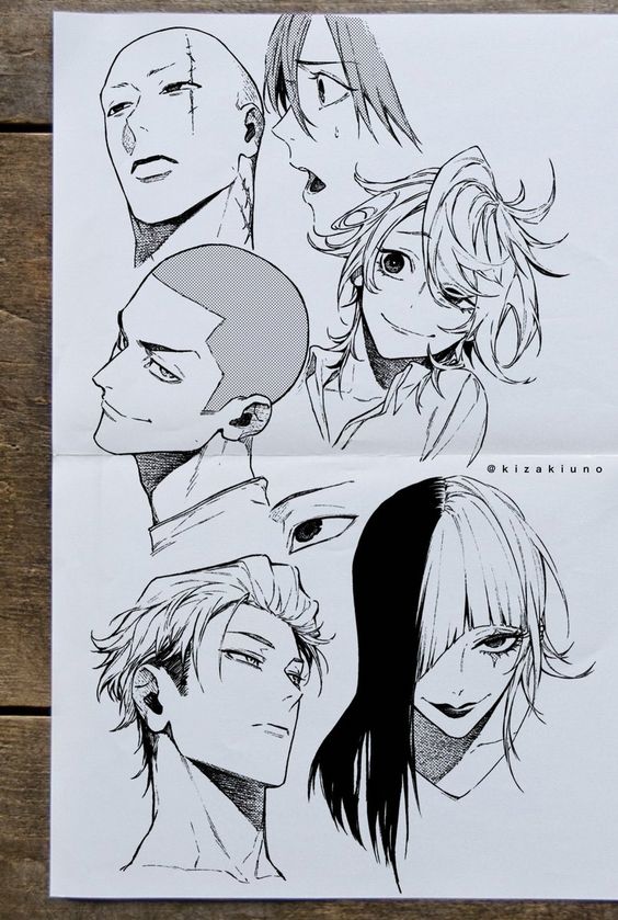 the image is a black and white sketch of five unique characters, drawn in a manga/anime style. each character is depicted from the shoulders up, showcasing their distinct facial features and expressions. there is a variety of hairstyles and some characters have unique markings. the artist's use of line weight and shading adds depth and dimension to the artwork.