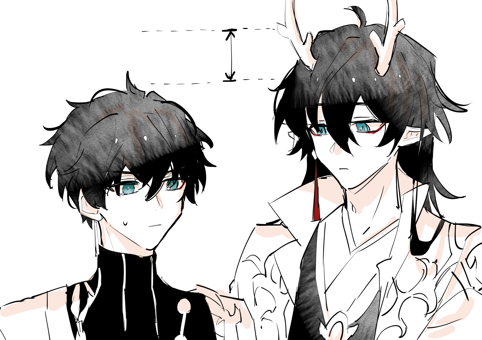 the image is a digital illustration of two anime/manga characters standing side by side. the character on the left is wearing black clothes and has black hair with blue eyes. the character on the right is wearing white clothes and has black hair with blue eyes and antlers. they both look serious. they are drawn with simple, line art style, with minimal shading. there is a dashed line and arrow pointing to the height difference between the two characters. the image is likely drawn by a fan of the anime/manga series the characters belong to.