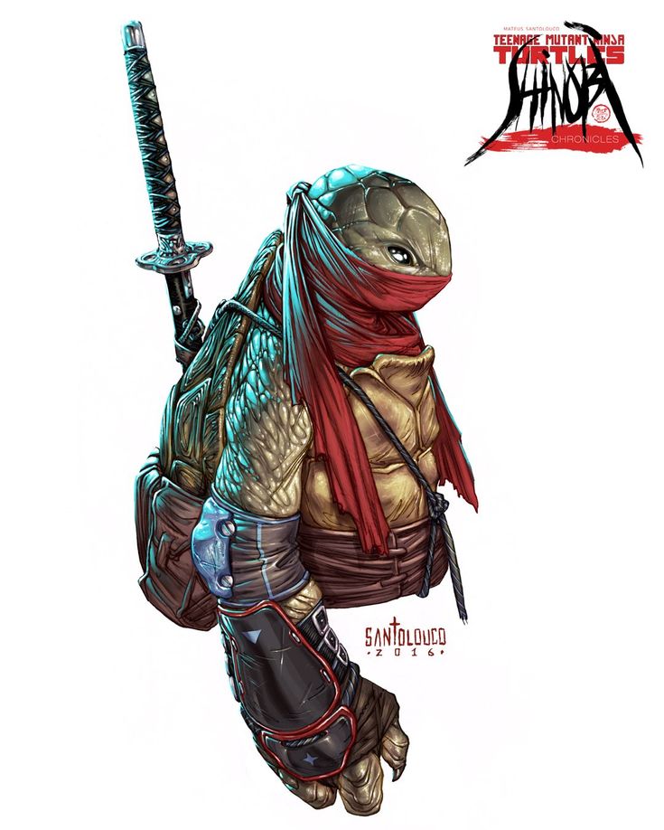 a digital art illustration of a turtle from teenage mutant ninja turtles standing with one arm outstretched and holding a sword. the turtle is wearing a red bandana with a teal undershirt and a leather harness with a dark brown rope. the turtle has a black leather bracer on its left arm.  the turtle has an almost human appearance but has a green shell and claws on its hands and feet.  the background is white and the turtle's shadow is below him. the art style is a graphic comic style.  the turtle's expression is stern and alert.