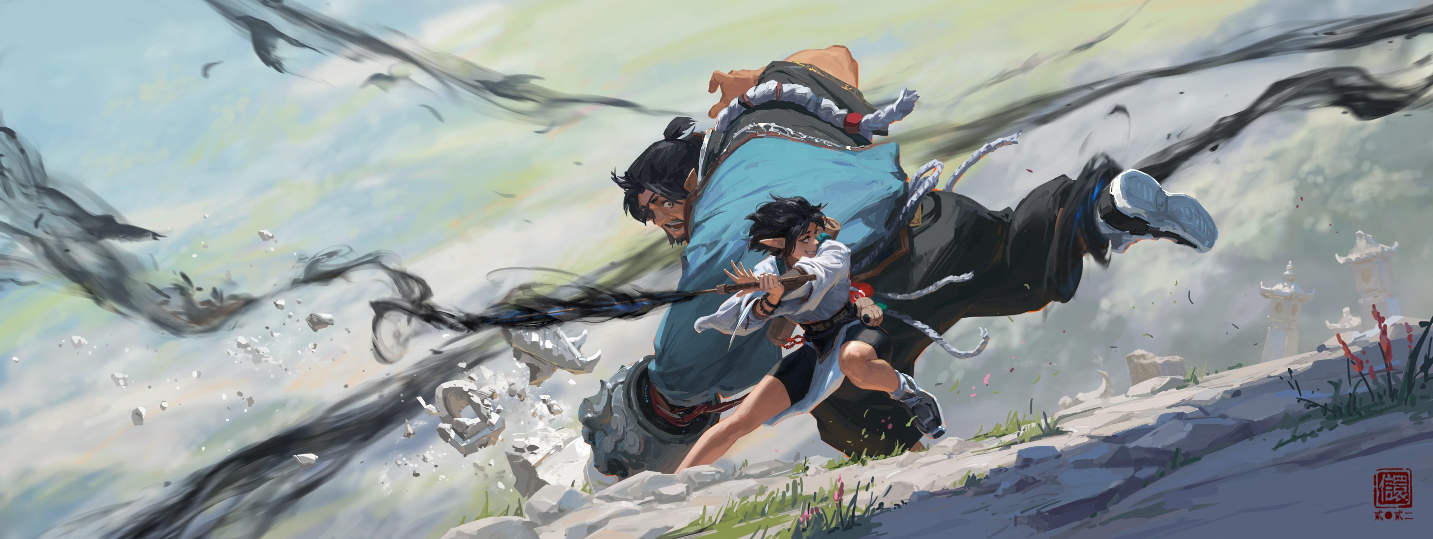 the digital painting depicts a dynamic and intense combat scene. a large, muscular male figure in flowing blue and black traditional asianstyle clothing is locked in combat with a smaller, agile female character wearing a similar but lighter outfit.  the male figure seems to be wielding a dark, swirling energy, possibly magical in nature, as it lashes out and shatters stone around them. the female character counters with a staff, her movement suggesting speed and skill. the background features a rocky mountainous landscape with sparse vegetation and hints of small structures in the distance. the overall style blends elements of fantasy art, anime, and manga, emphasizing action and dramatic lighting.  the artist's signature is visible in the bottom right corner. the image suggests a powerful clash of forces, emphasizing the strength of the male character and the agility and skill of the female.