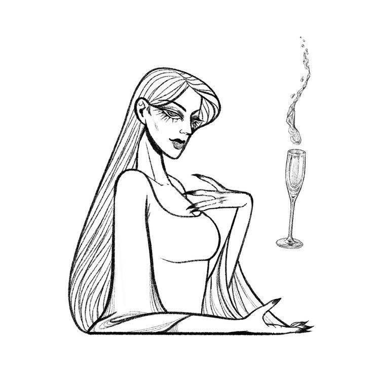 an elegant woman with long hair is illustrated next to a champagne glass with champagne cascading out of it. the image is drawn in black outline against a white background.
