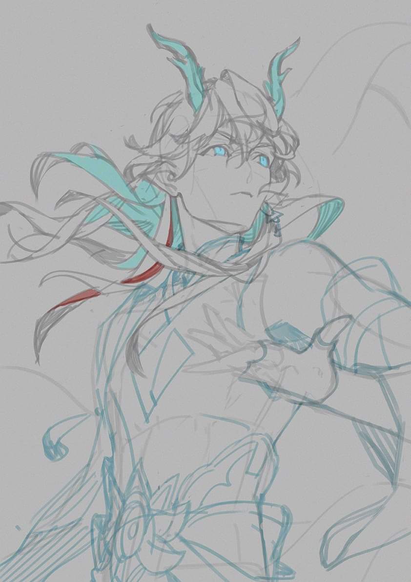 the image is a dynamic sketch of a young male anime character with long flowing hair and horns. he appears to be midpose, possibly in action. the sketch uses soft lines and minimal shading, focusing on capturing movement and energy. he wears clothing with flowing elements, further emphasizing the dynamic nature of the artwork. the color palette is predominantly cool tones, with light blues and grays.