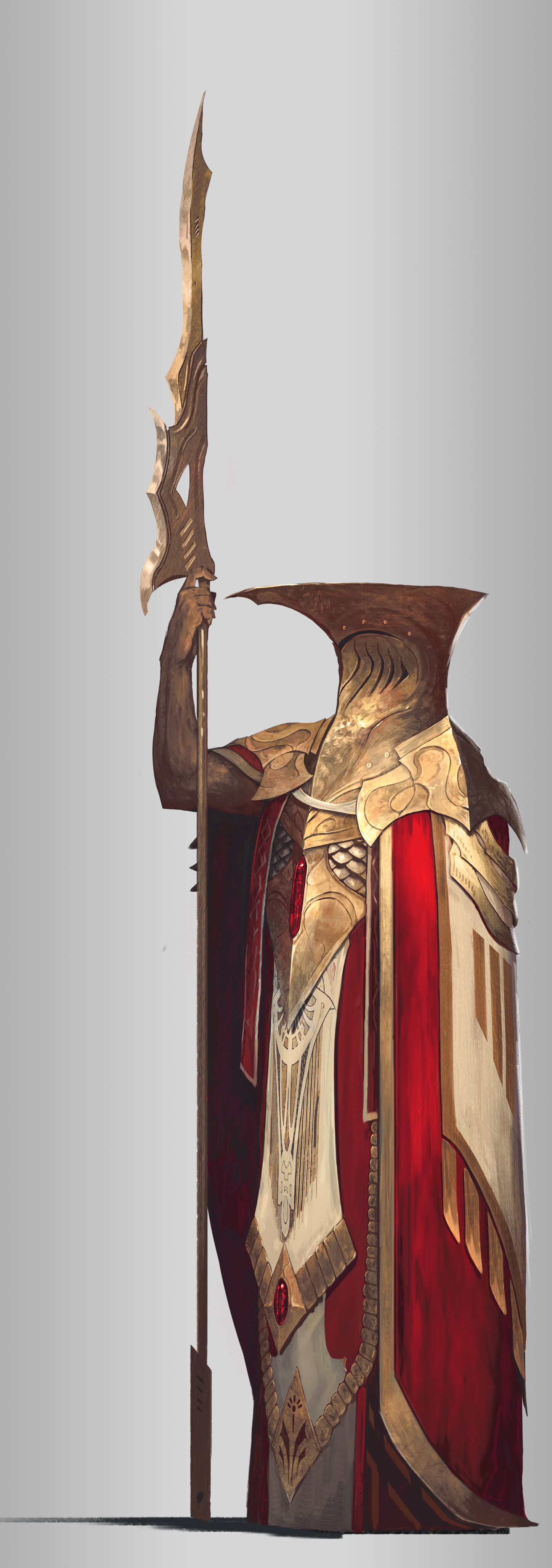 a fulllength digital painting of a fantasy warrior standing against a light gray background. the warrior wears ornate gold and white armor with a flowing red cape. the helmet is stylized and conceals the face. the warrior holds a tall spear with a detailed head in their right hand. the style of the art is realistic with painterly brushstrokes.
