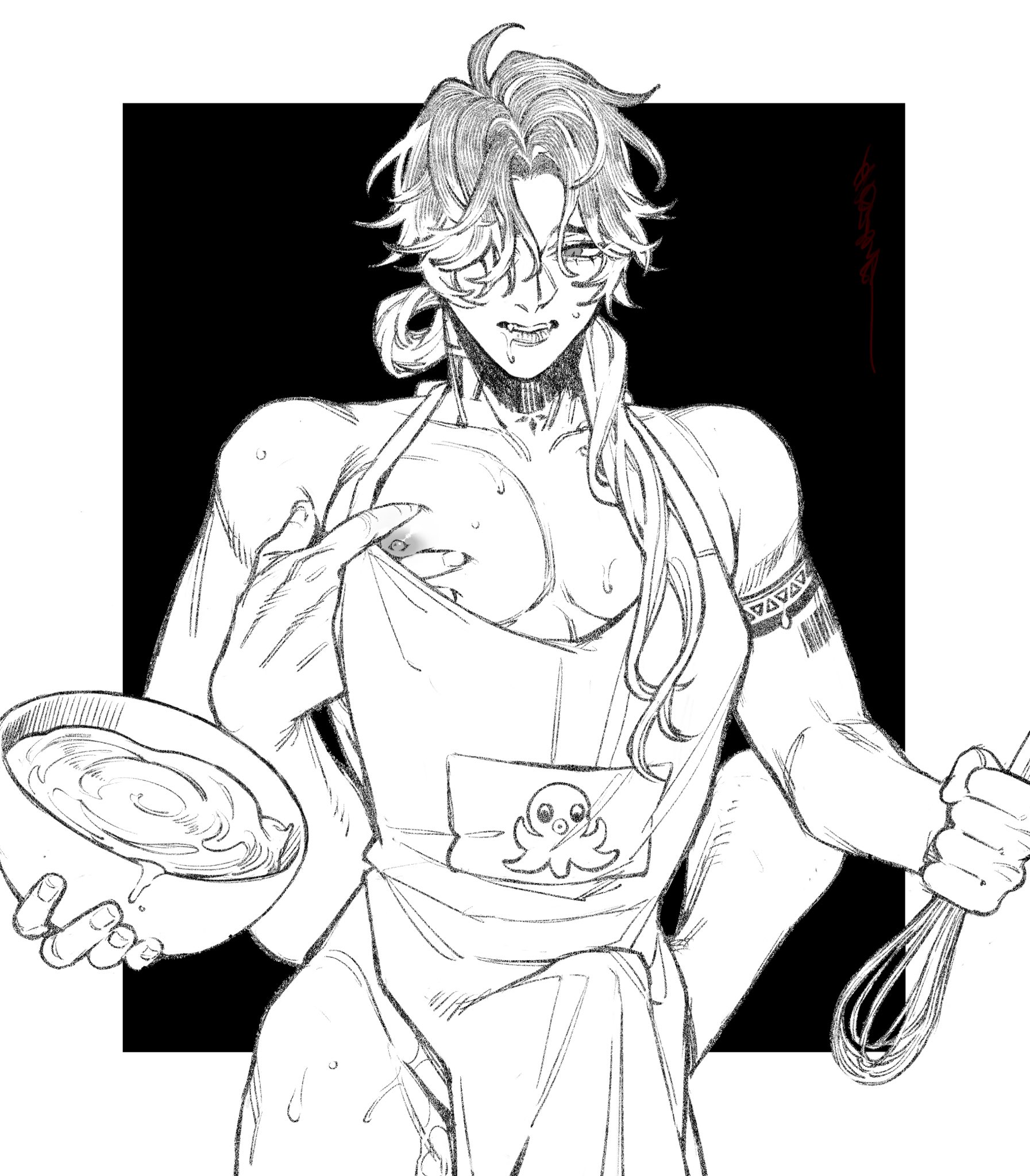 a sketch of a male anime character, shirtless, in an apron, holding a bowl of soup and a whisk in his hands, looking down at the bowl hungrily. he is dripping wet and appears to be in a kitchen setting. the illustration is drawn in a manga style with black lines and shading.