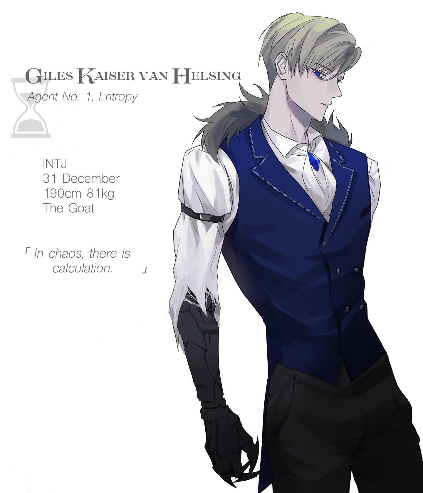 he image is a digital illustration of a male character named giles kaiser van helsing.  he is depicted in a stylized anime/manga style, with detailed features and clothing.  he has blond hair, a blue suit and waistcoat, and a noticeable prosthetic or cybernetic arm. his expression is serious and somewhat stoic. the background is plain white, allowing the character to be the focal point.  text provides biographical information about the character, including his personality type (intj), birthday, height, weight, and a cryptic quote. the overall style is dark, elegant, and suggests a mysterious or perhaps even dangerous persona.