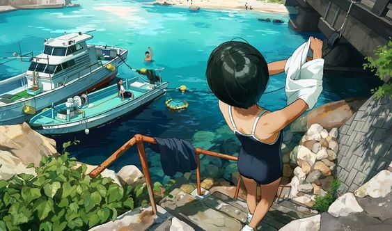 an anime girl in a swimsuit is standing on a rock by the water, smiling. she is looking out at the ocean and a boat. the scene is very colorful and vibrant and depicts a sunny summer day at the beach. the girl appears to be enjoying her vacation.